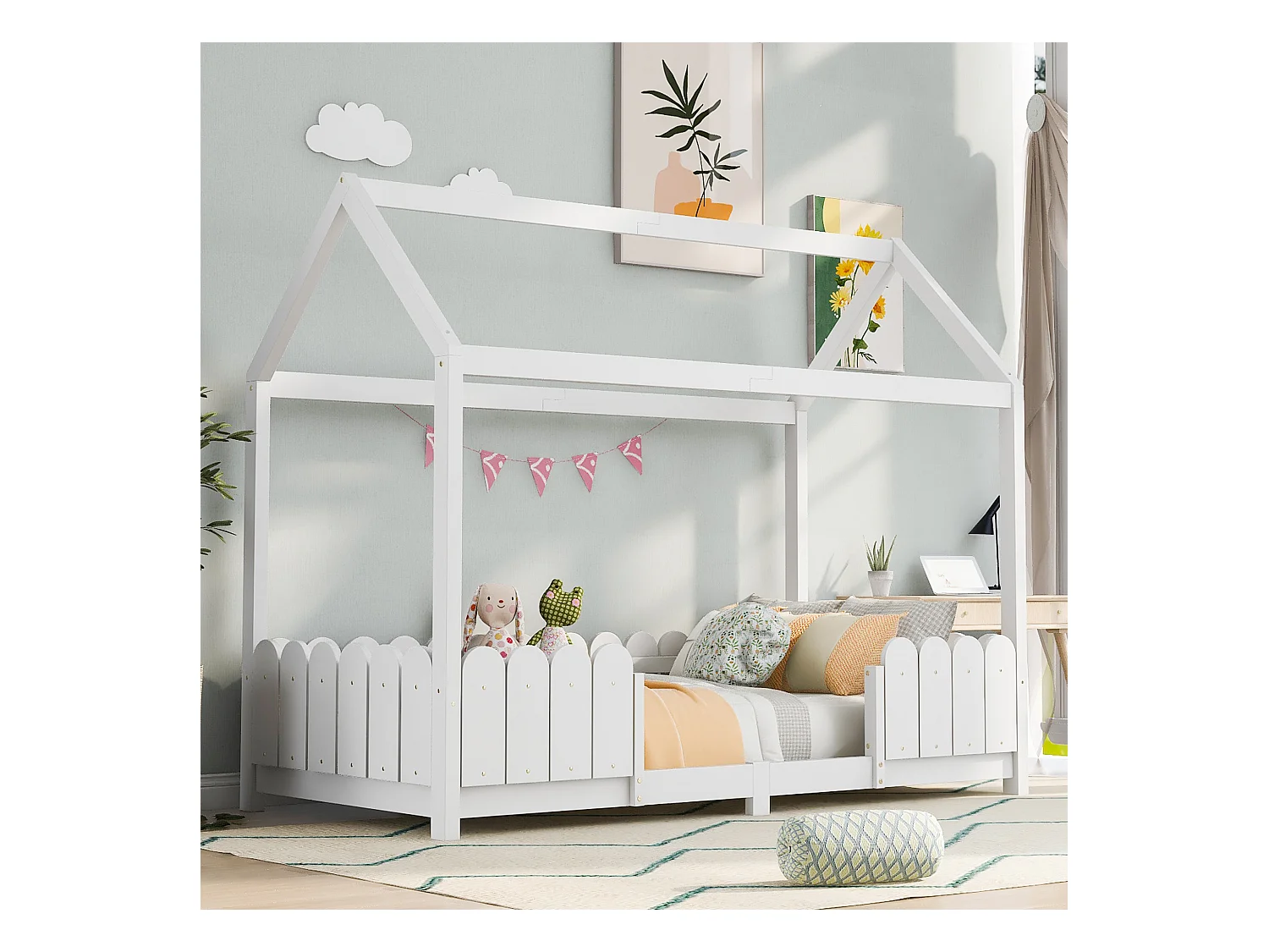 Lit cabane 90x200 cm - Lit enfant avec protection antichute et sommier à lattes - blanc - sans matelas