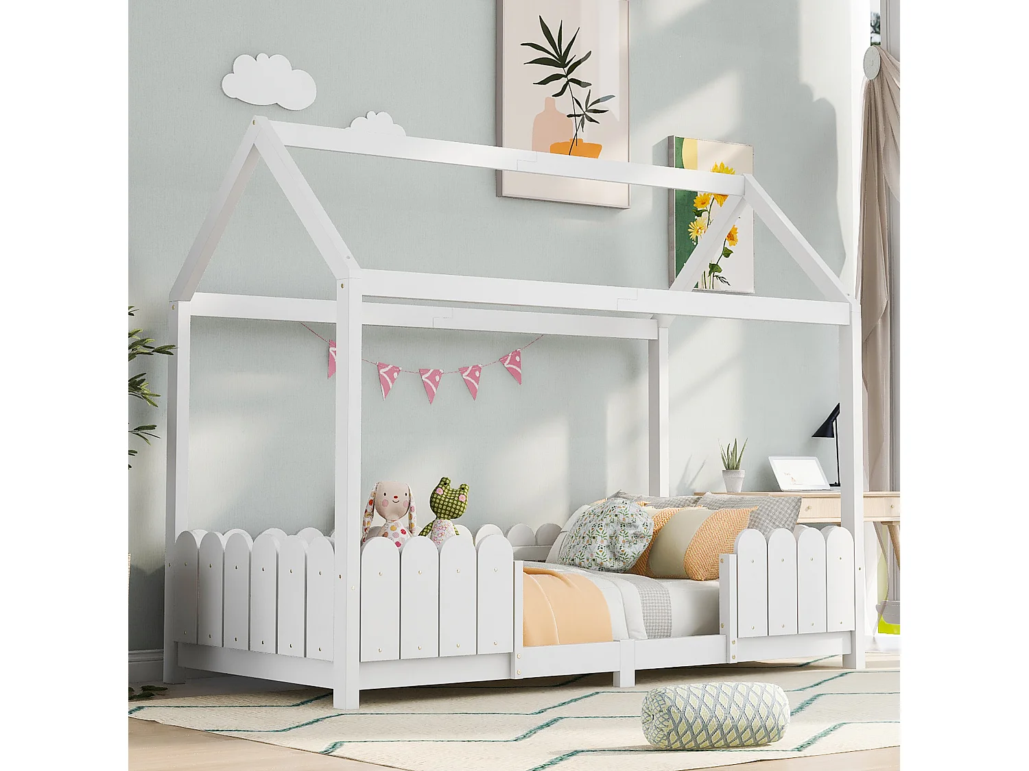 Lit cabane 90x200 cm - Lit enfant avec protection antichute et sommier à lattes - blanc - sans matelas