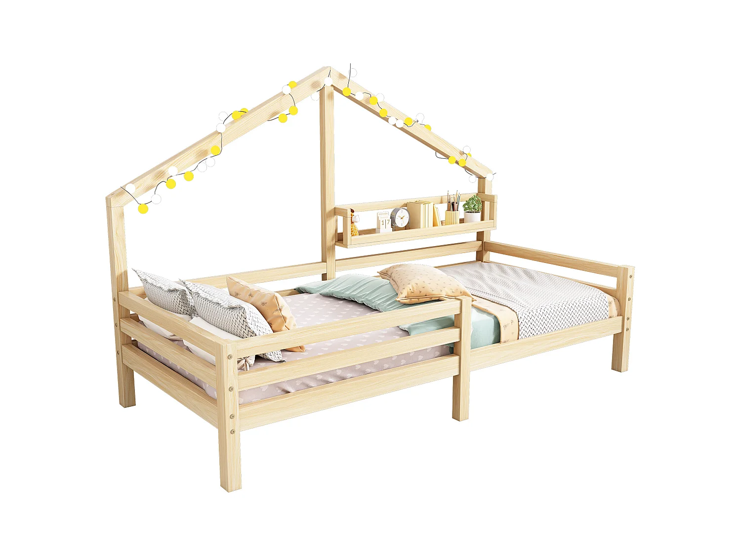 Lit cabane enfant 90x200 cm naturel, lit simple, en forme de maison en bois, sans matelas