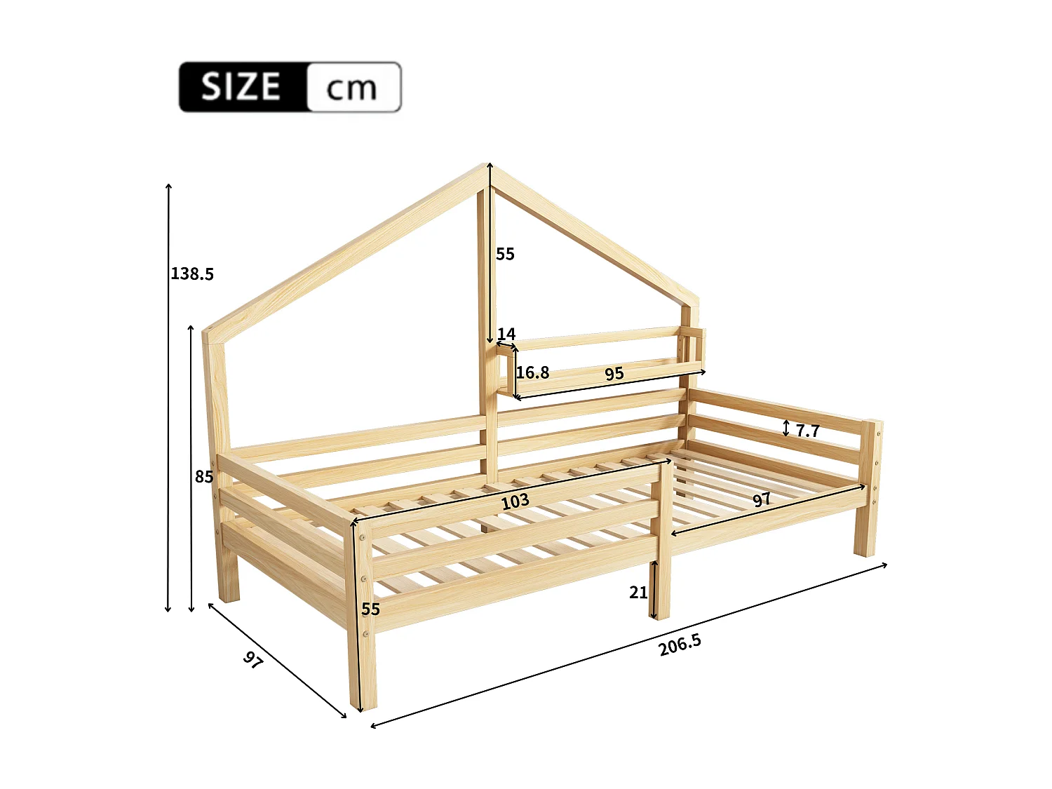 Lit cabane enfant 90x200 cm naturel, lit simple, en forme de maison en bois, sans matelas