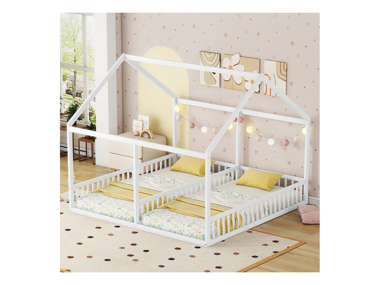 Cama cabana 90x200 cm 2 em 1, em madeira com grades de segurança e teto decorativo, branco (sem colchão)