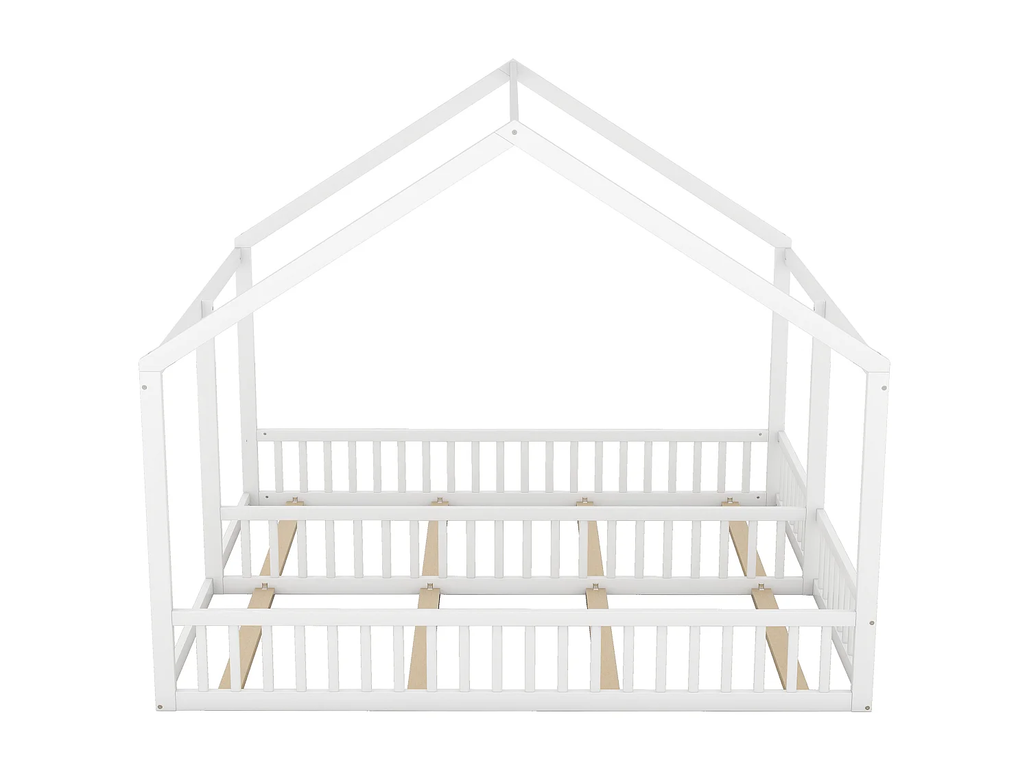 Lit cabane 2x90x200cm 2 en 1, en bois avec barrières de sécurité et toit décoratif, blanc, sans matelas