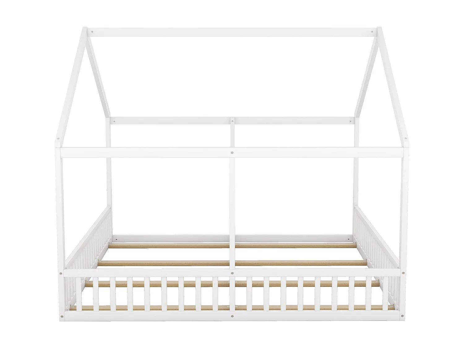 Lit cabane 2x90x200cm 2 en 1, en bois avec barrières de sécurité et toit décoratif, blanc, sans matelas