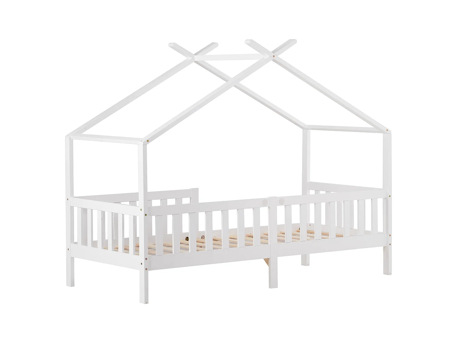 Lit cabane enfant 90x200 cm blanc, clôture et sommier à lattes, protection antichute, sans matelas