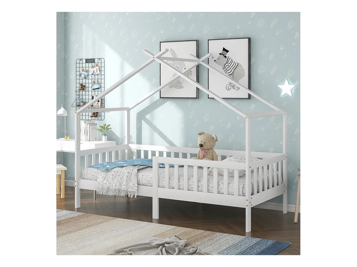 Lit cabane enfant 90x200 cm blanc, clôture et sommier à lattes, protection antichute, sans matelas