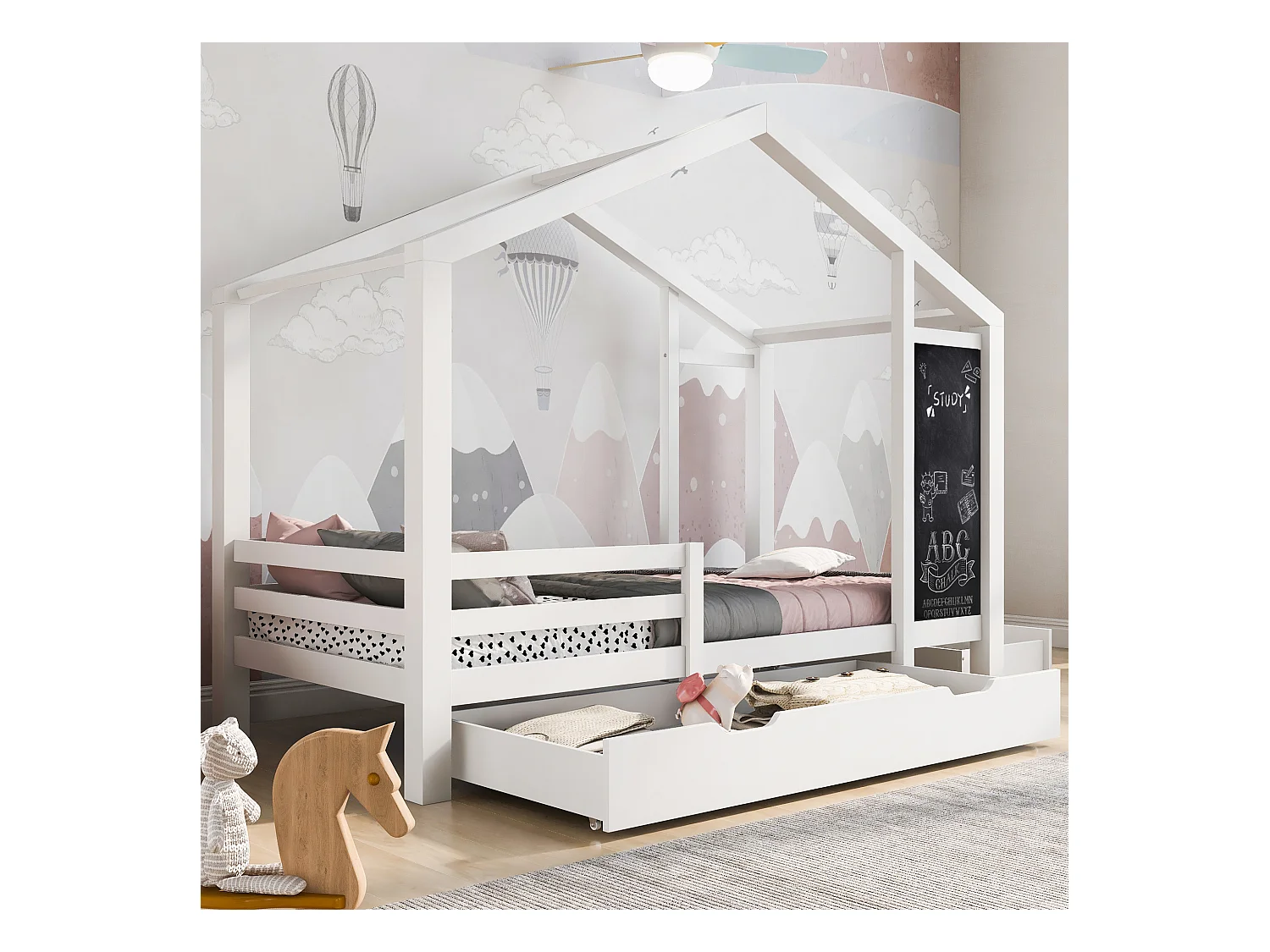 Hochbett 90x200 cm - Kinderbett mit Tafel und 2 Schubladen - Holzlattenrost - weiß