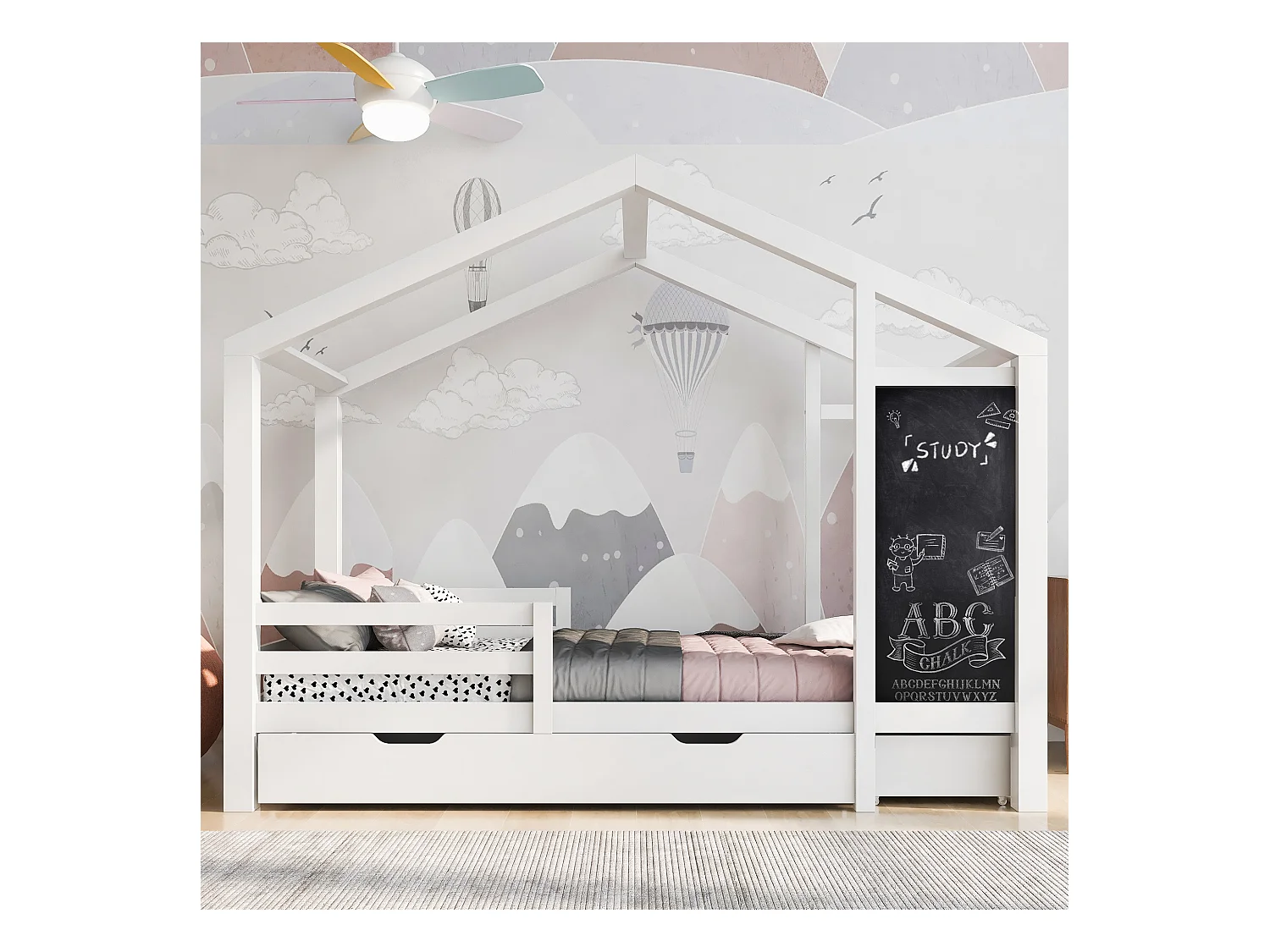 Hochbett 90x200 cm - Kinderbett mit Tafel und 2 Schubladen - Holzlattenrost - weiß