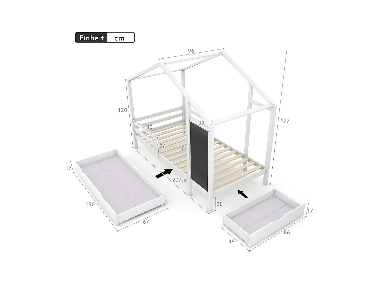 Hochbett 90x200 cm - Kinderbett mit Tafel und 2 Schubladen - Holzlattenrost - weiß