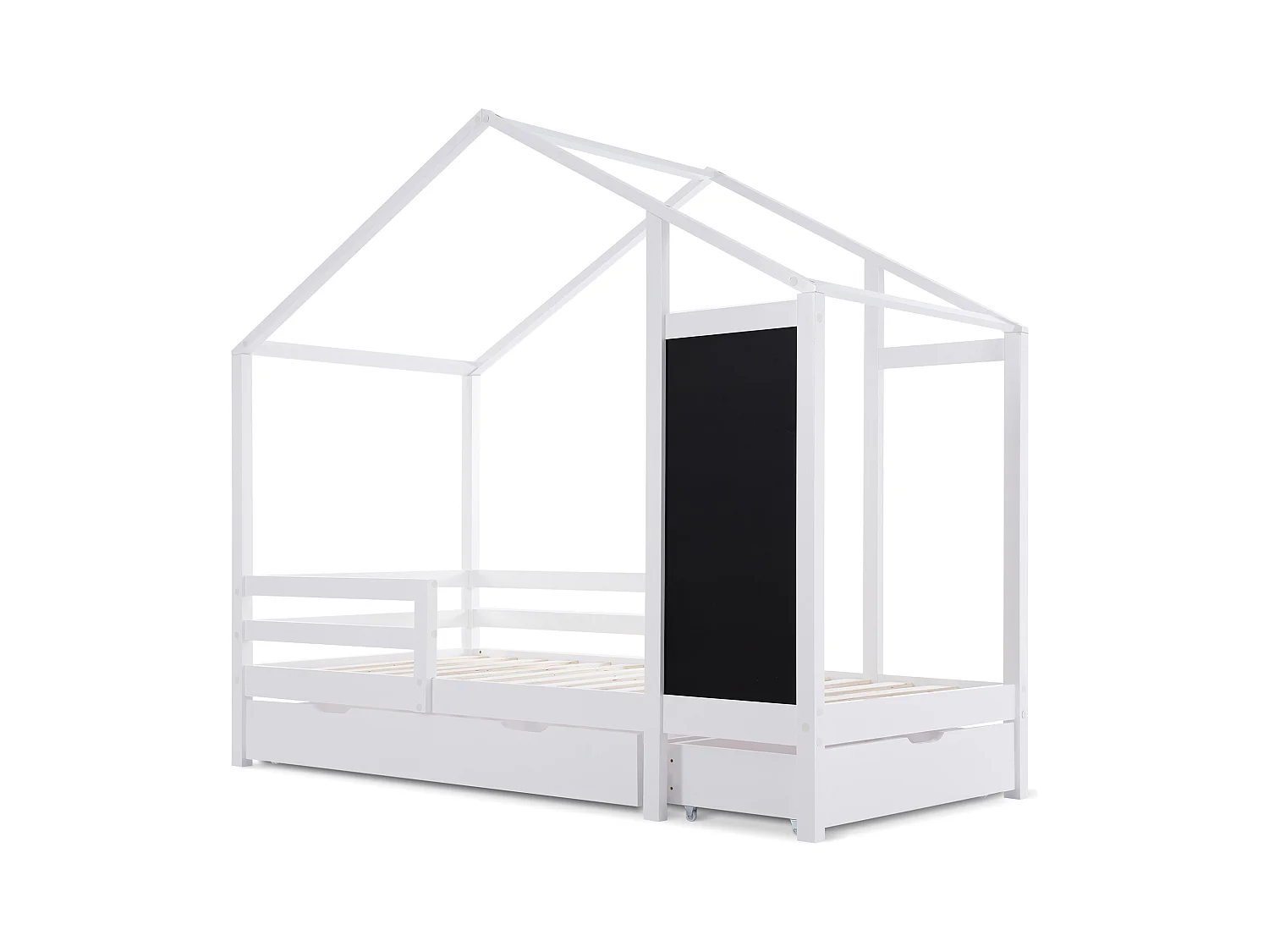 Hochbett 90x200 cm - Kinderbett mit Tafel und 2 Schubladen - Holzlattenrost - weiß