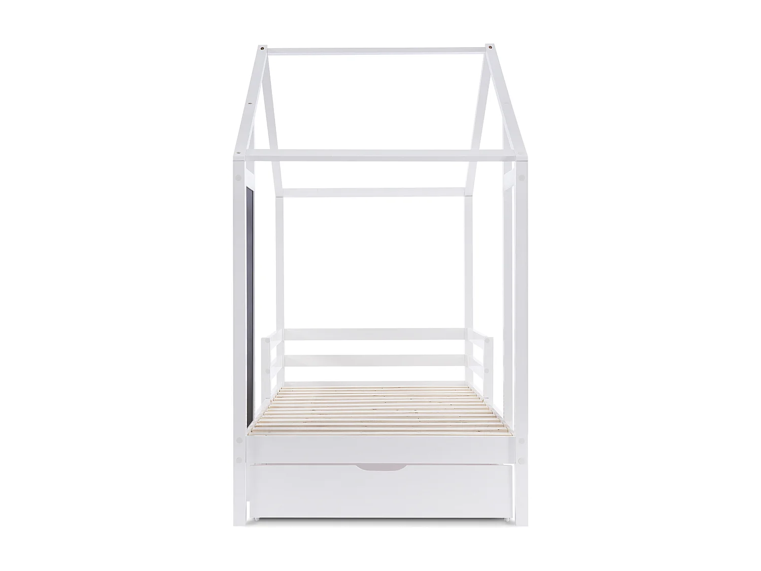 Lit cabane 90x200 cm - Lit enfant avec tableau noir et 2 tiroirs - sommier à lattes en bois - blanc