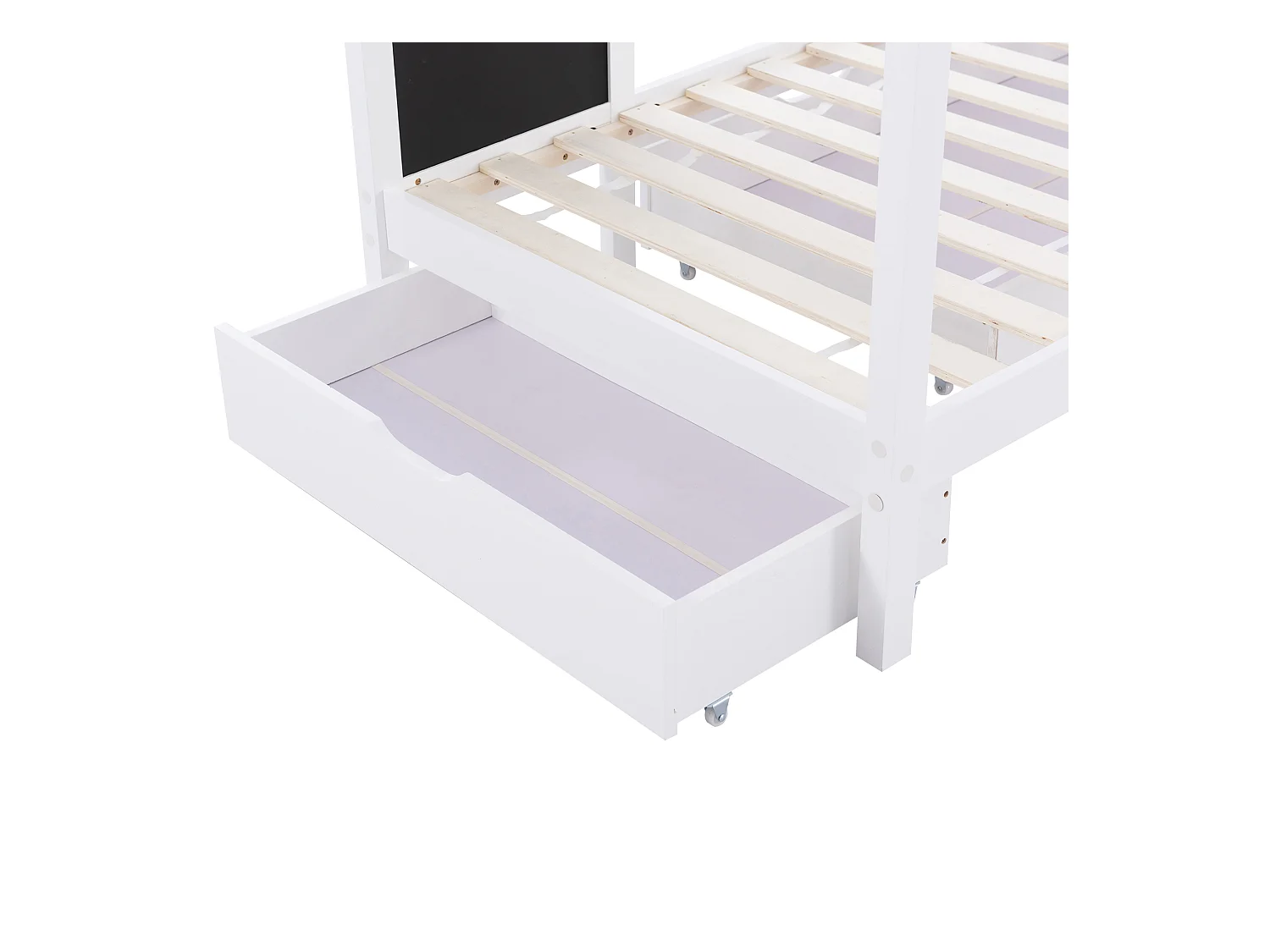 Lit cabane 90x200 cm - Lit enfant avec tableau noir et 2 tiroirs - sommier à lattes en bois - blanc