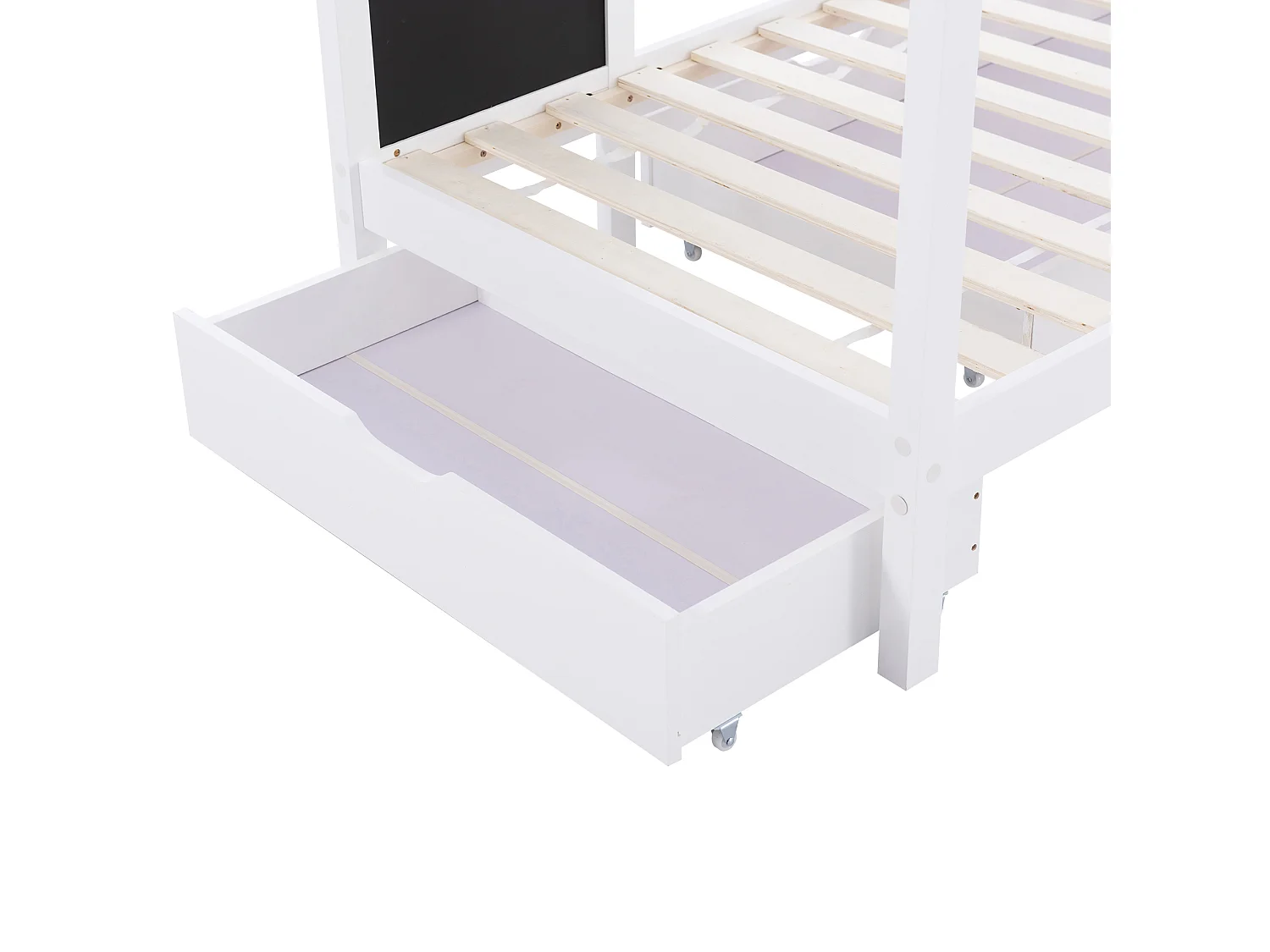 Lit cabane 90x200 cm - Lit enfant avec tableau noir et 2 tiroirs - sommier à lattes en bois - blanc