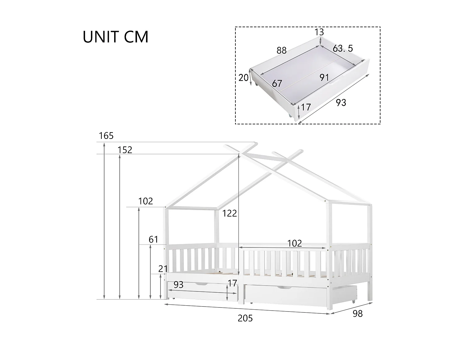 Lit cabane enfant 90x200 cm blanc avec 2 tiroirs de rangement, clôture et sommier à lattes, protection antichute, sans matelas