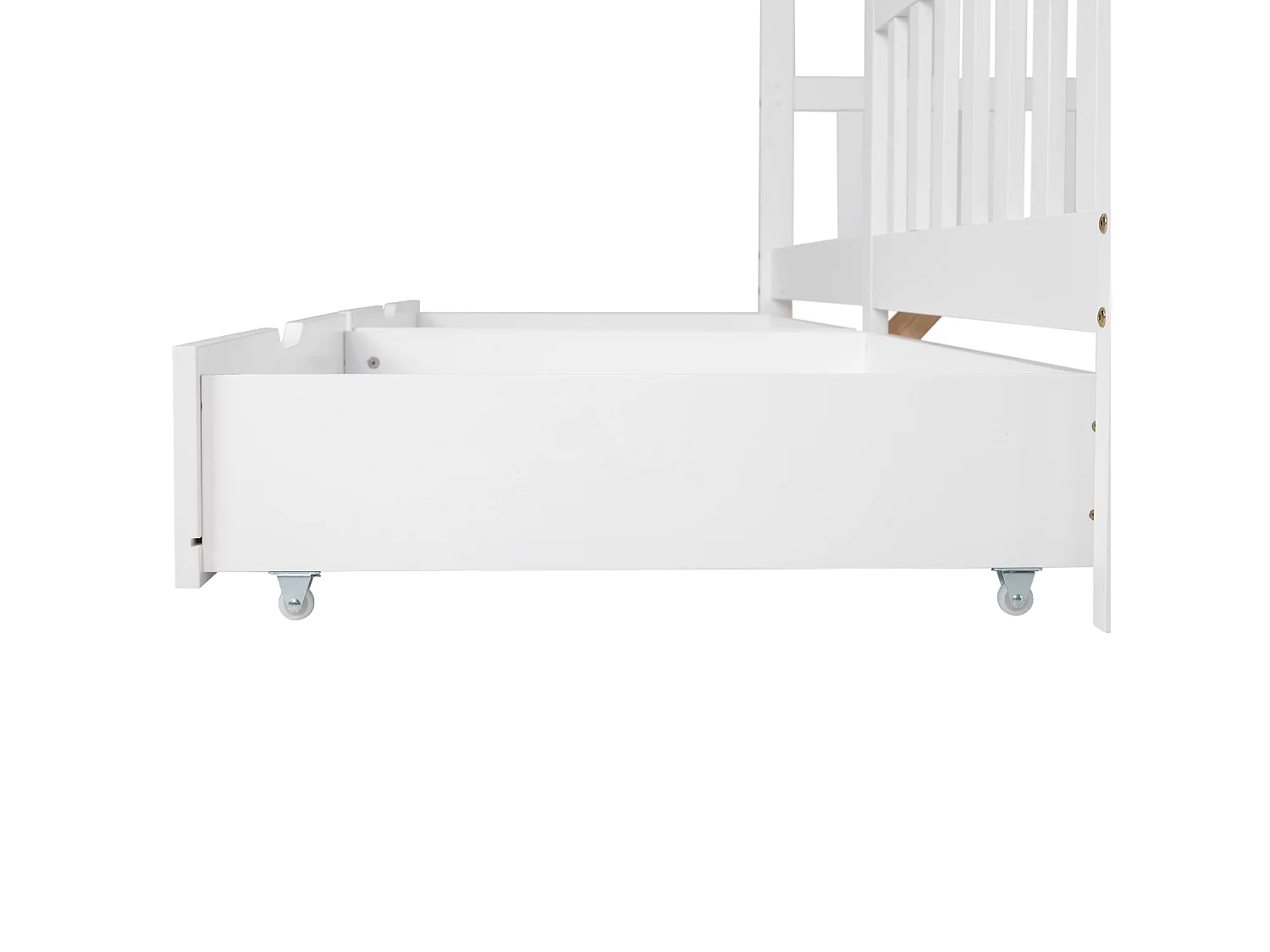 Lit cabane enfant 90x200 cm blanc avec 2 tiroirs de rangement, clôture et sommier à lattes, protection antichute, sans matelas
