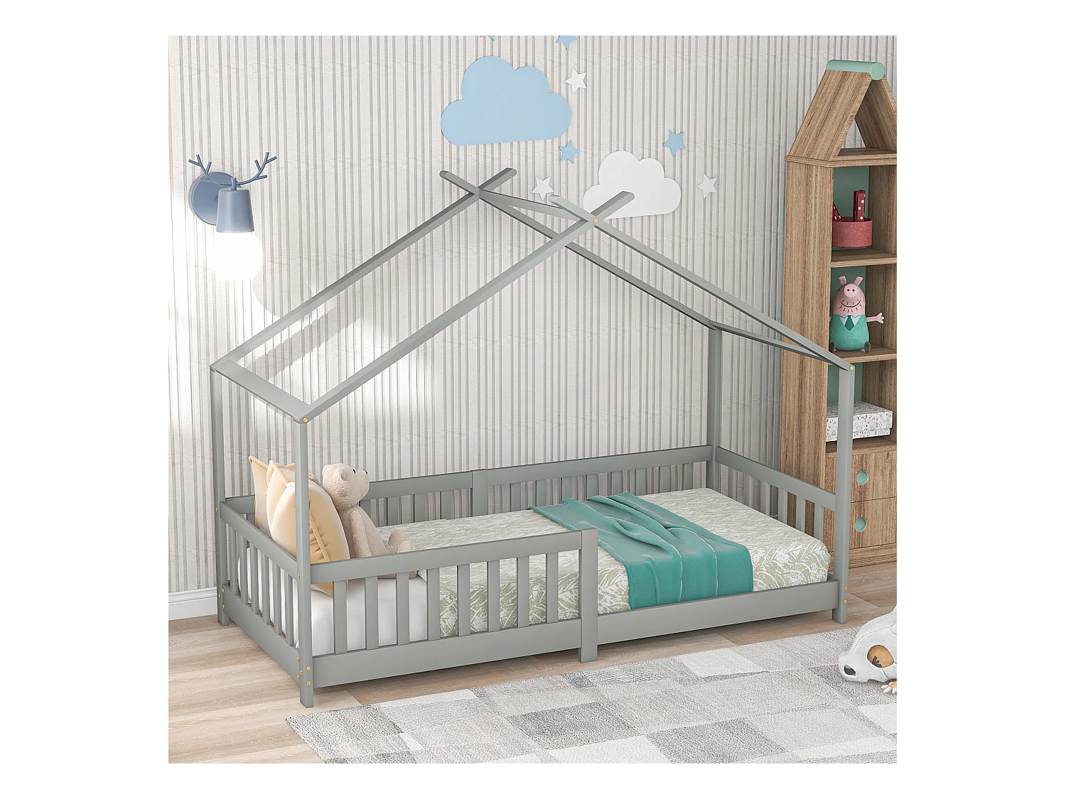 Lit cabane enfant 90x200 cm gris, clôture et sommier à lattes, protection antichute, sans matelas