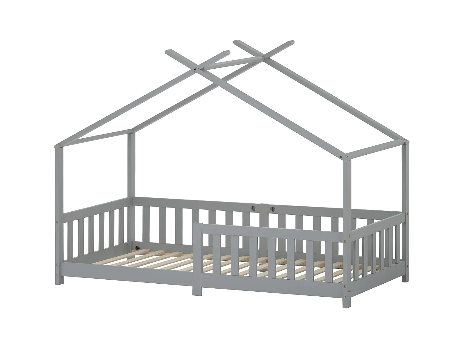 Lit cabane enfant 90x200 cm gris, clôture et sommier à lattes, protection antichute, sans matelas