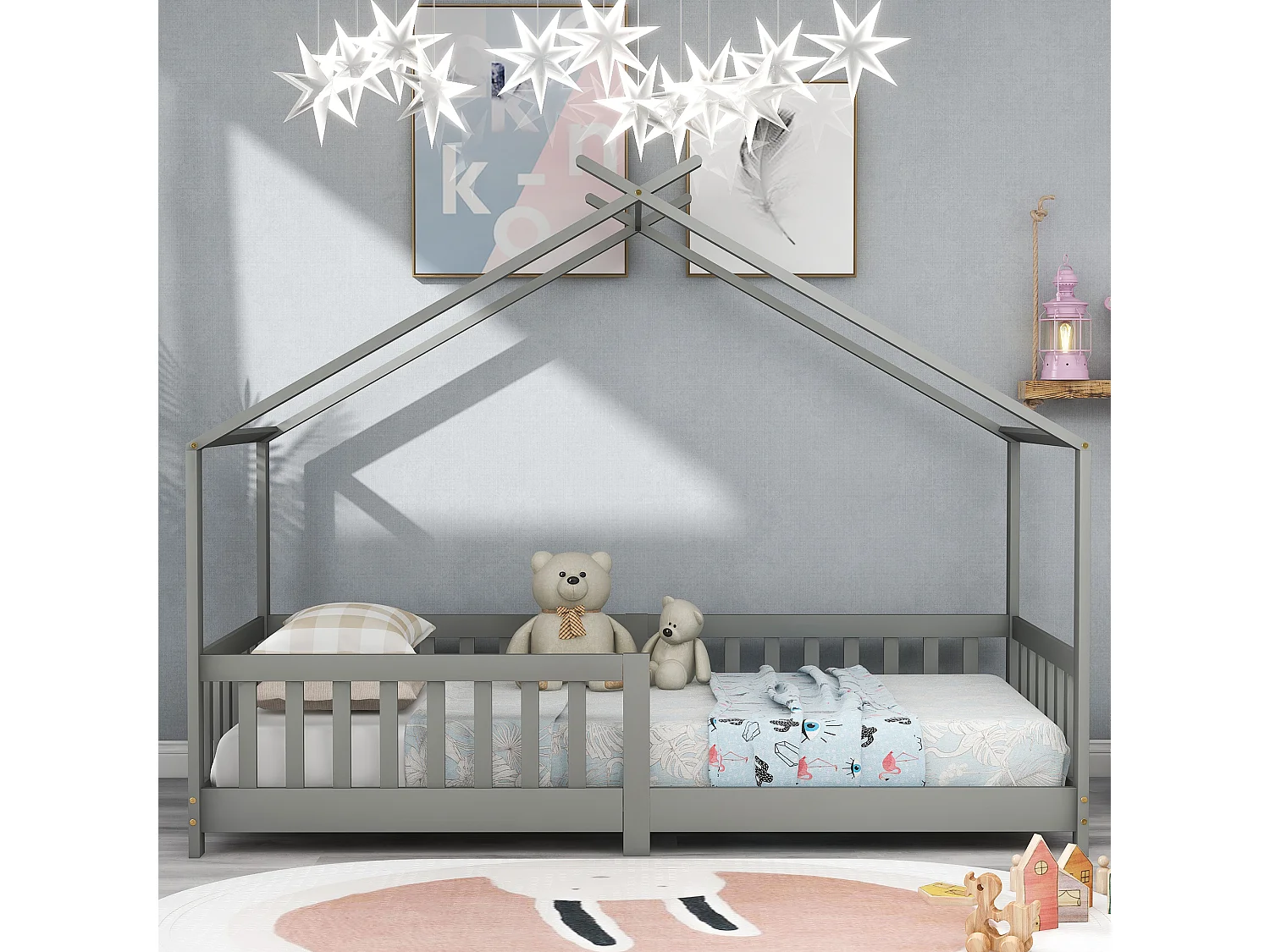 Lit cabane enfant 90x200 cm gris, clôture et sommier à lattes, protection antichute, sans matelas