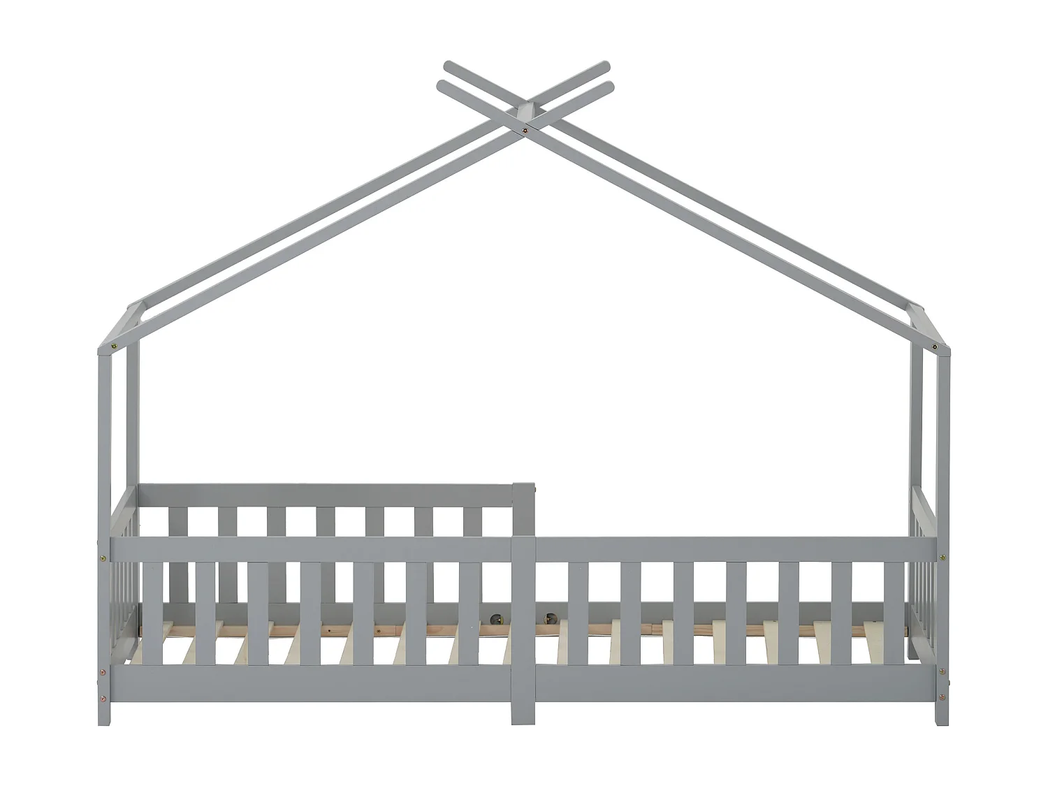 Lit cabane enfant 90x200 cm gris, clôture et sommier à lattes, protection antichute, sans matelas