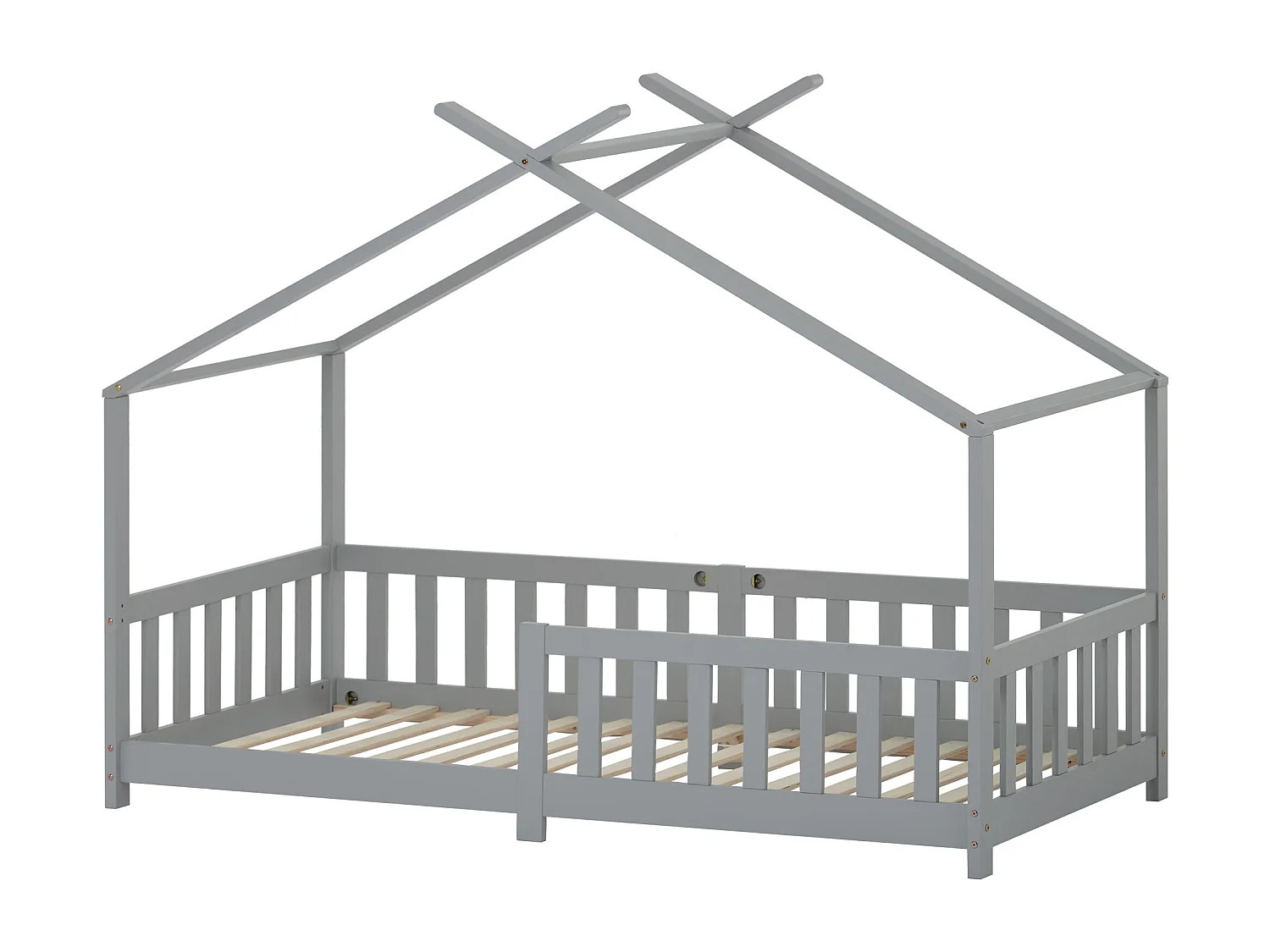 Lit cabane enfant 90x200 cm gris, clôture et sommier à lattes, protection antichute, sans matelas