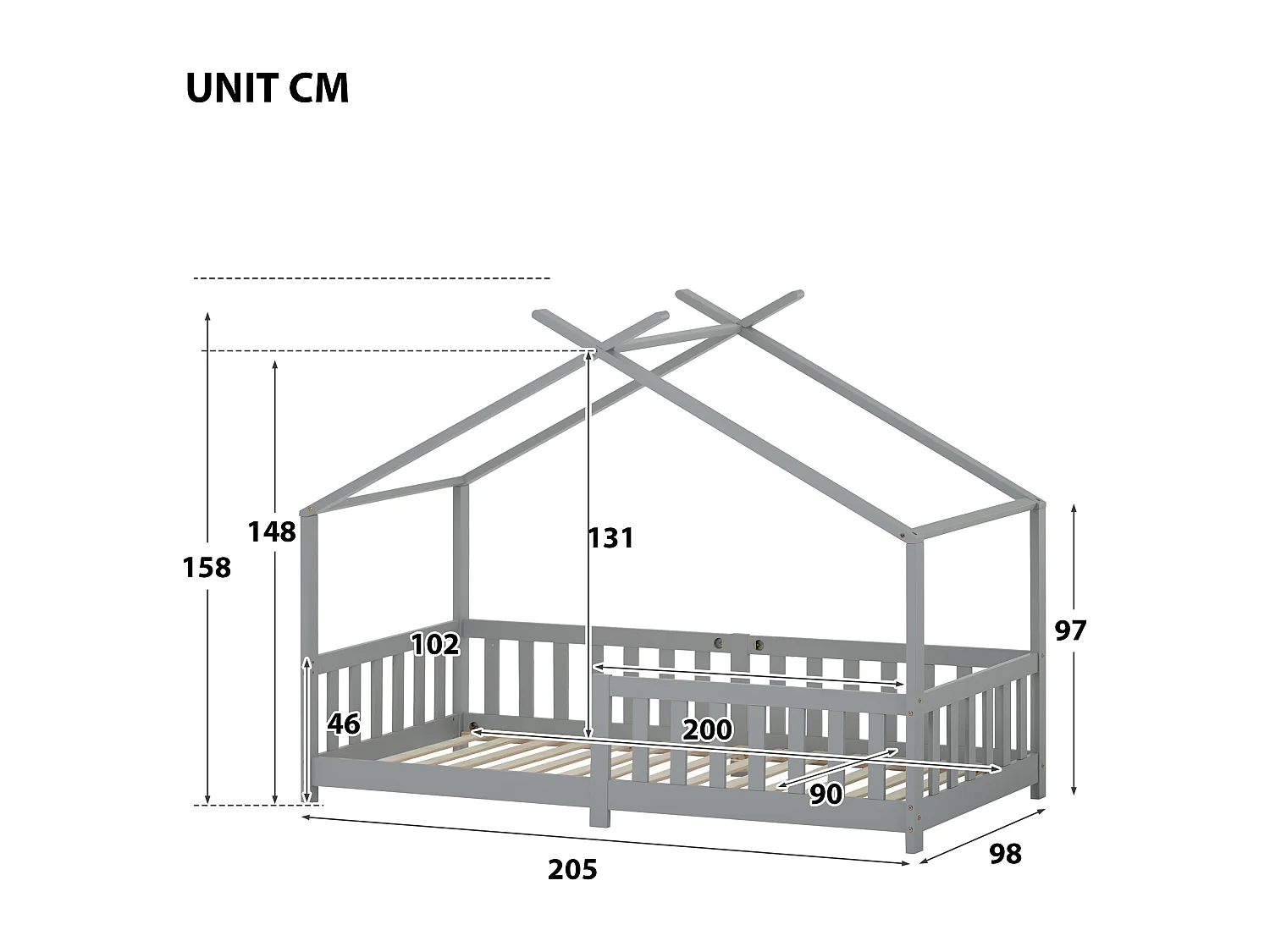 Lit cabane enfant 90x200 cm gris, clôture et sommier à lattes, protection antichute, sans matelas