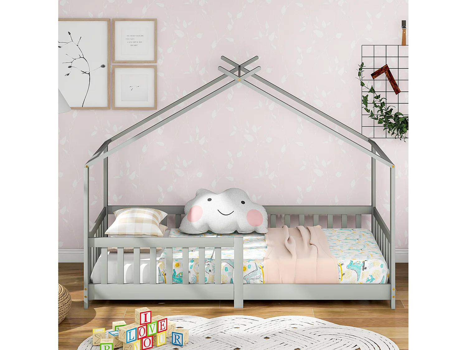 Lit cabane enfant 90x200 cm gris, clôture et sommier à lattes, protection antichute, sans matelas