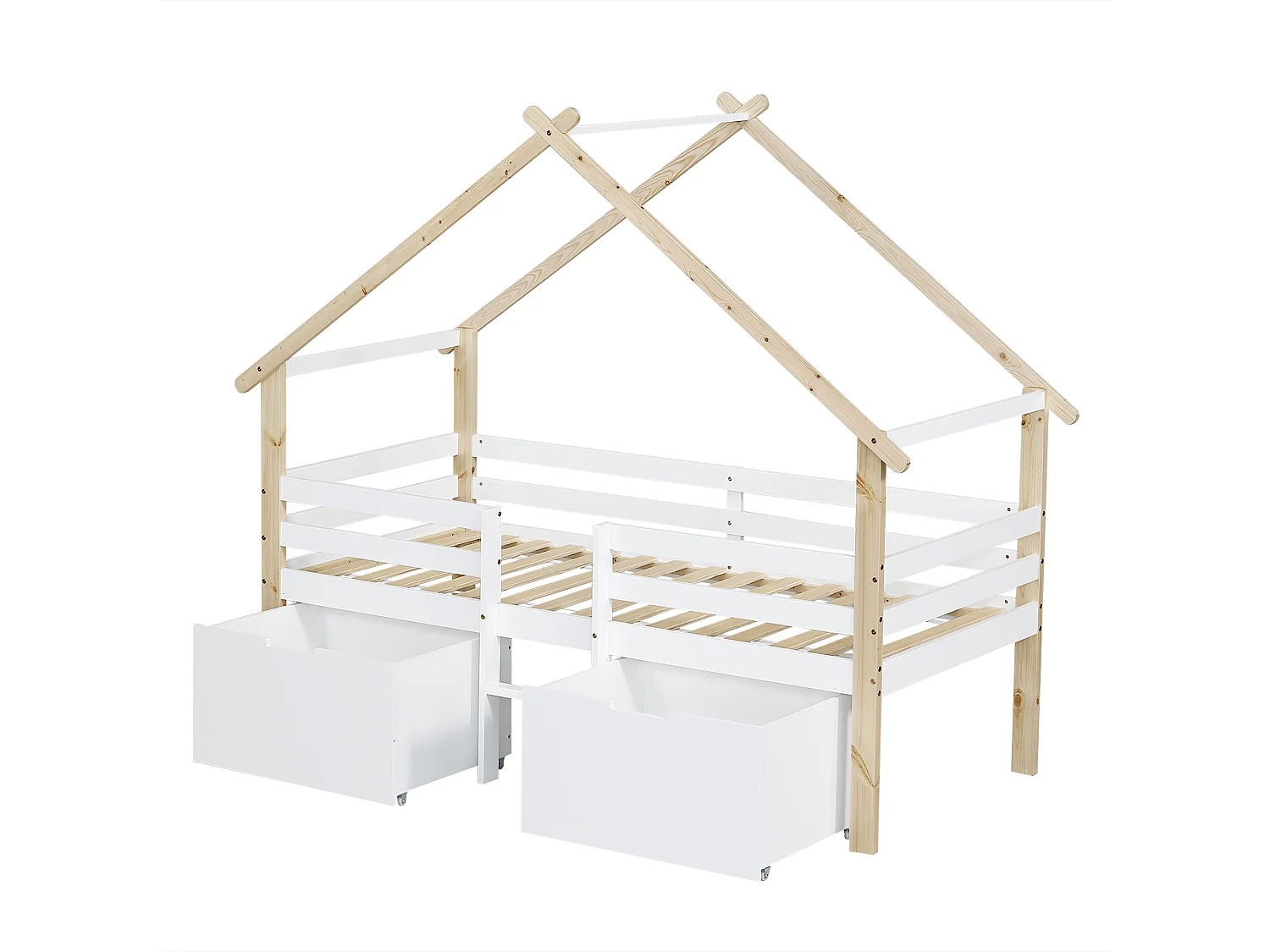 Halverhoogd kinderhuisbed 90x200cm met opbergruimte en trap – houten huis design, natuurlijk en wit (zonder matras)