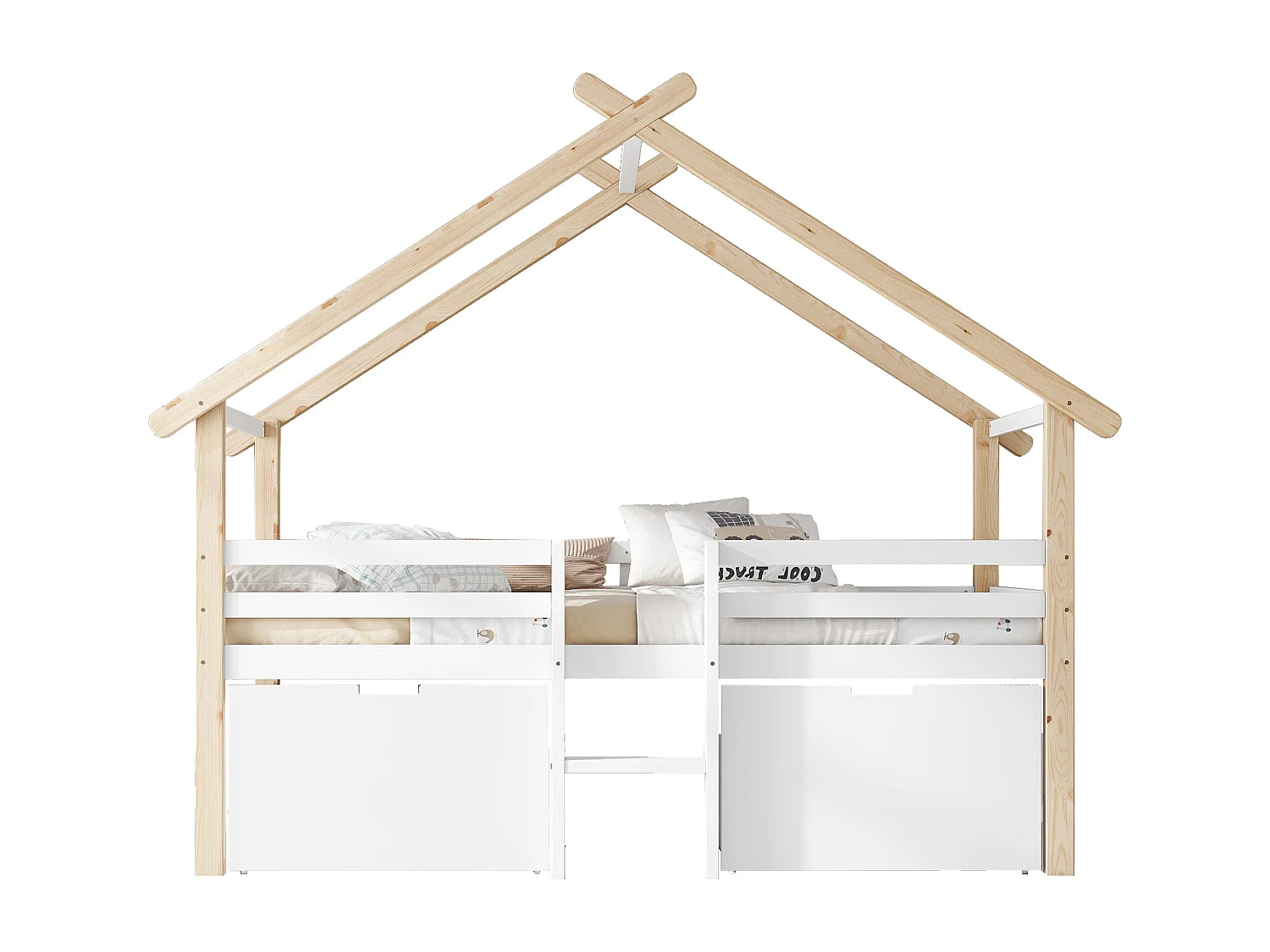 Halverhoogd kinderhuisbed 90x200cm met opbergruimte en trap – houten huis design, natuurlijk en wit (zonder matras)