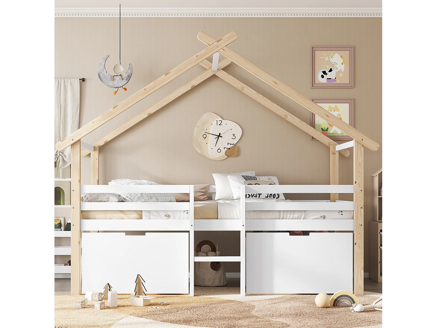 Halverhoogd kinderhuisbed 90x200cm met opbergruimte en trap – houten huis design, natuurlijk en wit (zonder matras)
