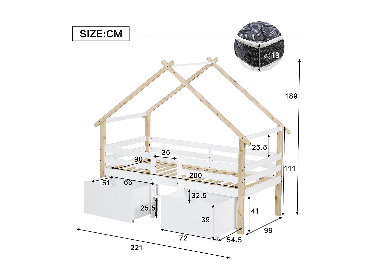 Halverhoogd kinderhuisbed 90x200cm met opbergruimte en trap – houten huis design, natuurlijk en wit (zonder matras)