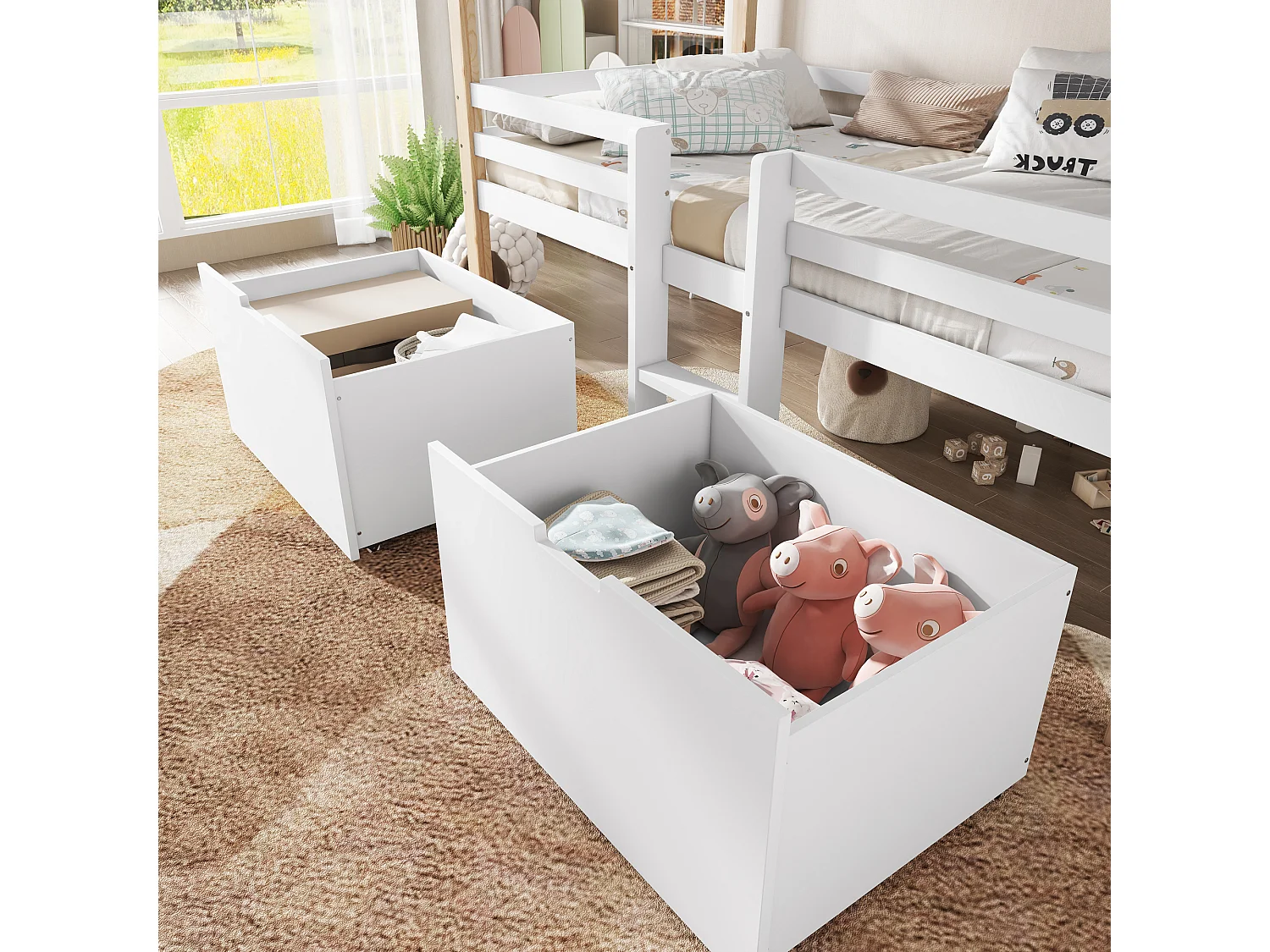Halverhoogd kinderhuisbed 90x200cm met opbergruimte en trap – houten huis design, natuurlijk en wit (zonder matras)