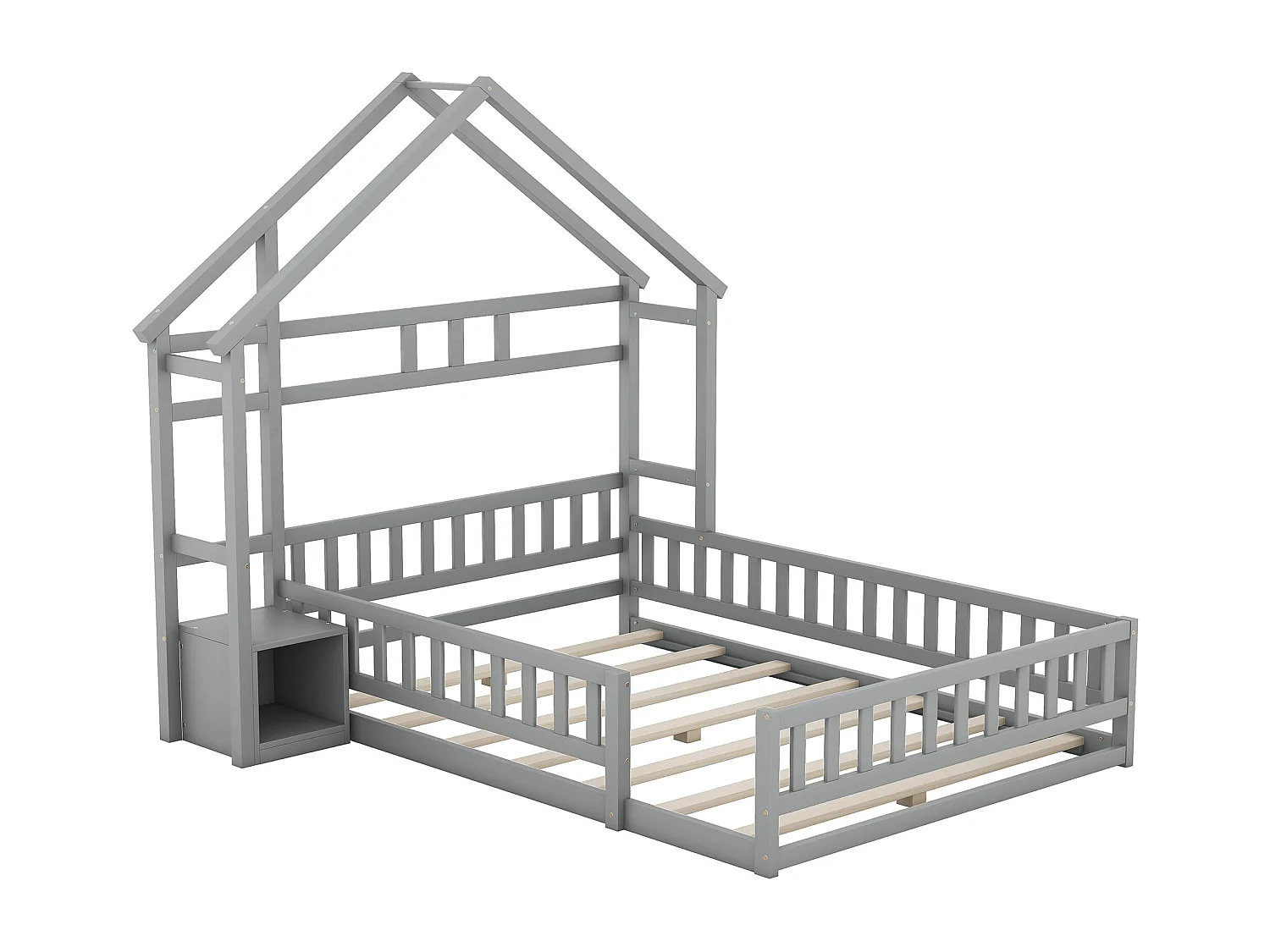 Lit cabane enfant 140 x 200 cm gris, barrière de sécurité, 1 compartiments de rangement, sans matelas