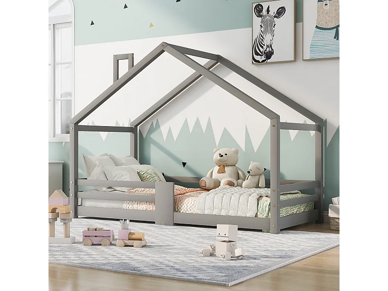 Cama nido 90x200 cm - Cama infantil con somier - protección anticaídas - gris