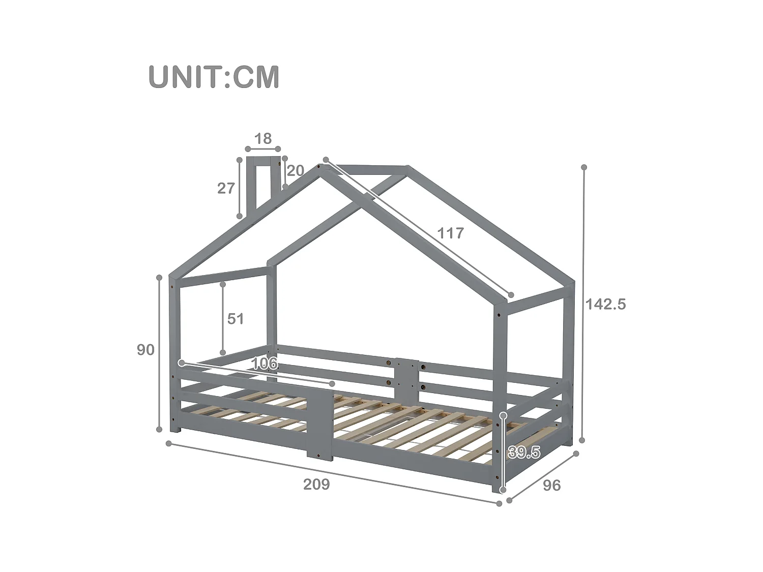 Hochbett 90x200 cm - Kinderbett mit Lattenrost - Rausfallschutz - grau