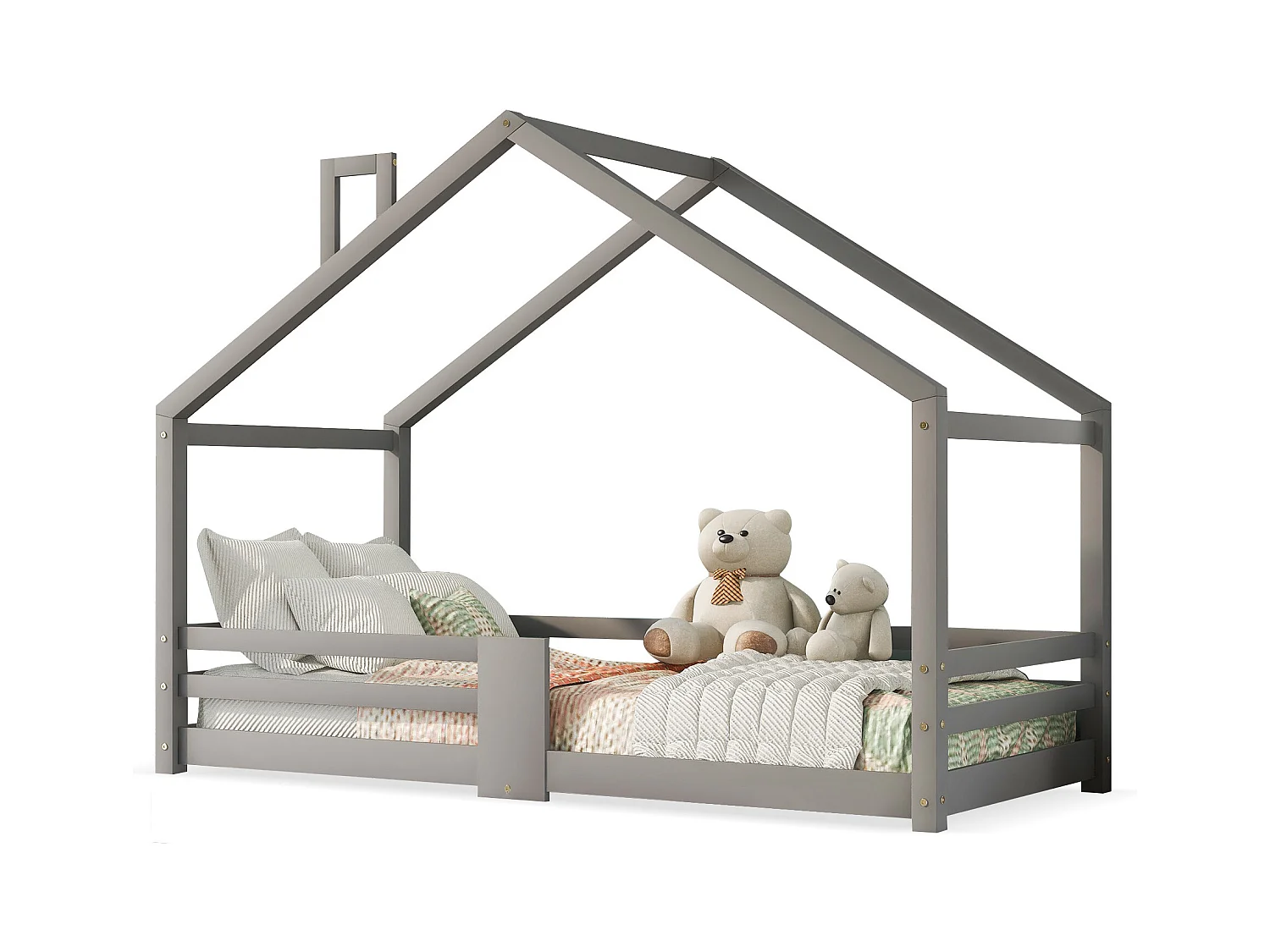 Hochbett 90x200 cm - Kinderbett mit Lattenrost - Rausfallschutz - grau