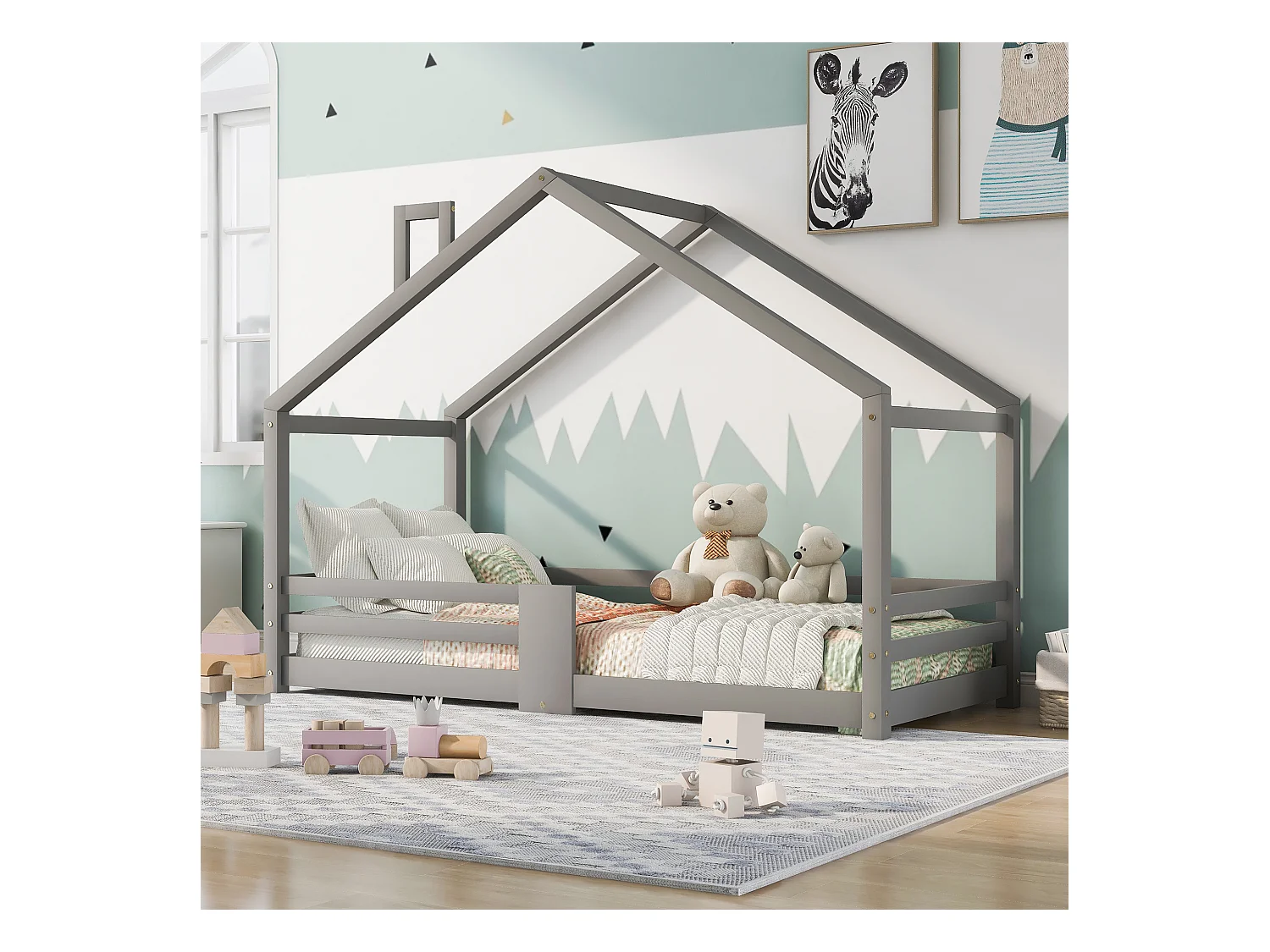 Lit cabane 90x200 cm - Lit enfant avec sommier à lattes - protection antichute - gris