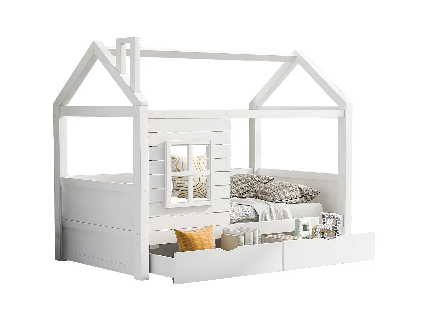 Lit cabane enfant 90x200cm avec 2 tiroirs blanc, dispositif antichute, forme maison, pin, sans matelas