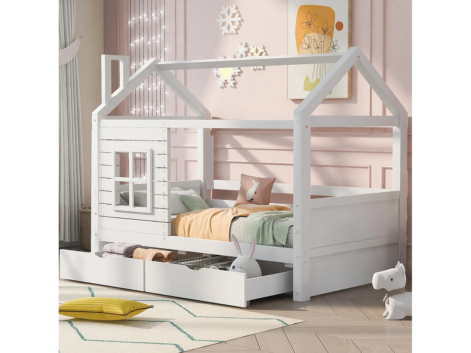 Lit cabane enfant 90x200cm avec 2 tiroirs blanc, dispositif antichute, forme maison, pin, sans matelas