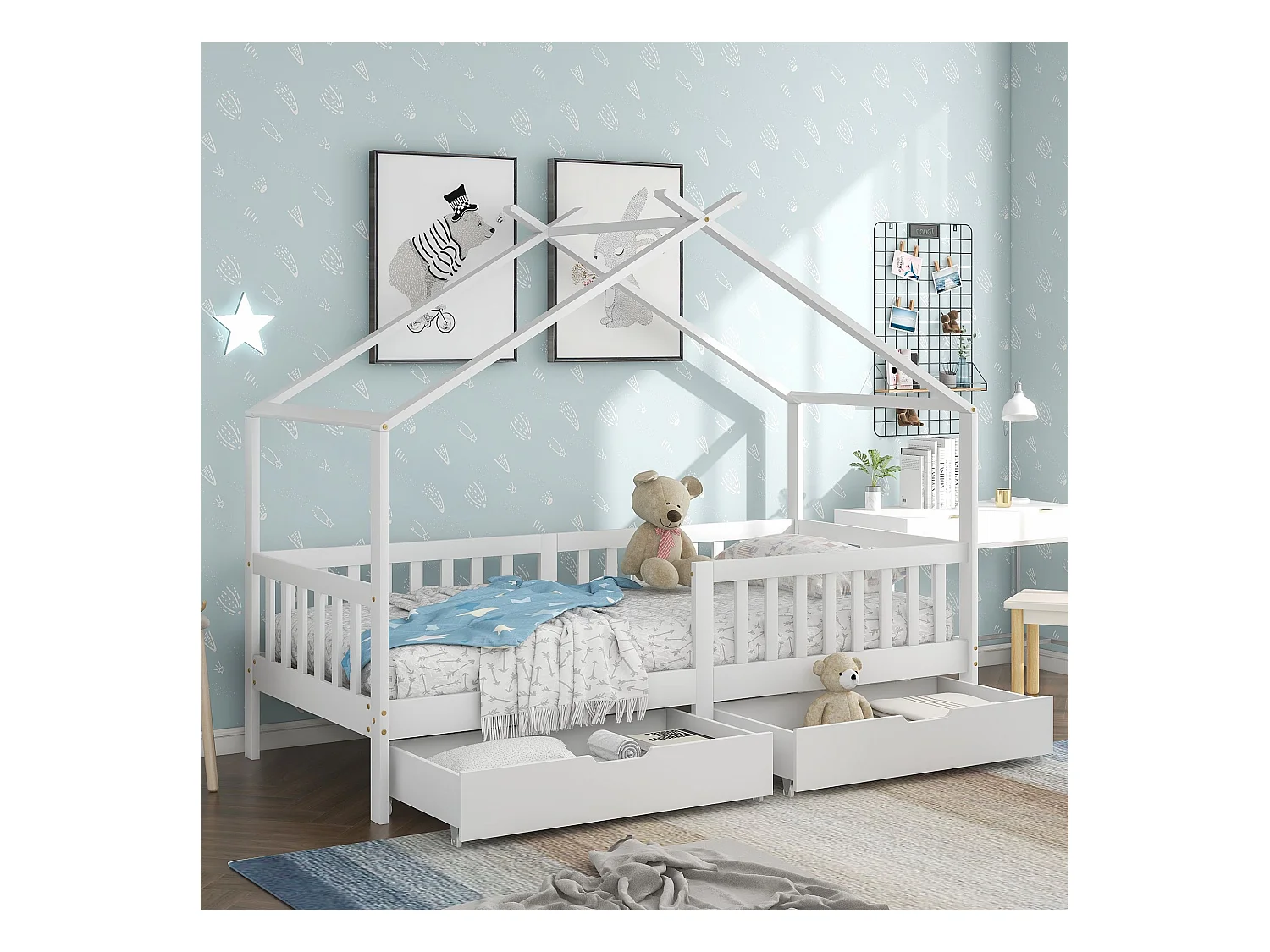 Cama cabina 90x200 cm - Cama infantil con barandillas y 2 cajones - blanca - sin colchón