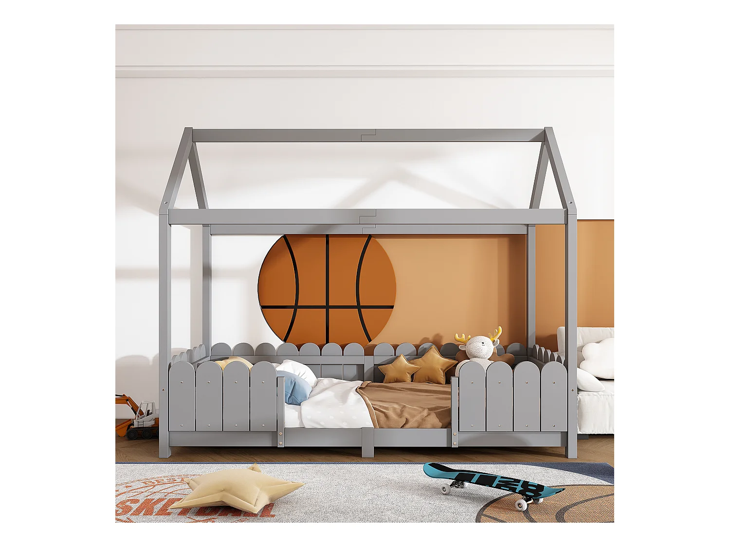Cama cabina 90x200 cm - Cama infantil con protección anticaídas y somier - gris - sin colchón