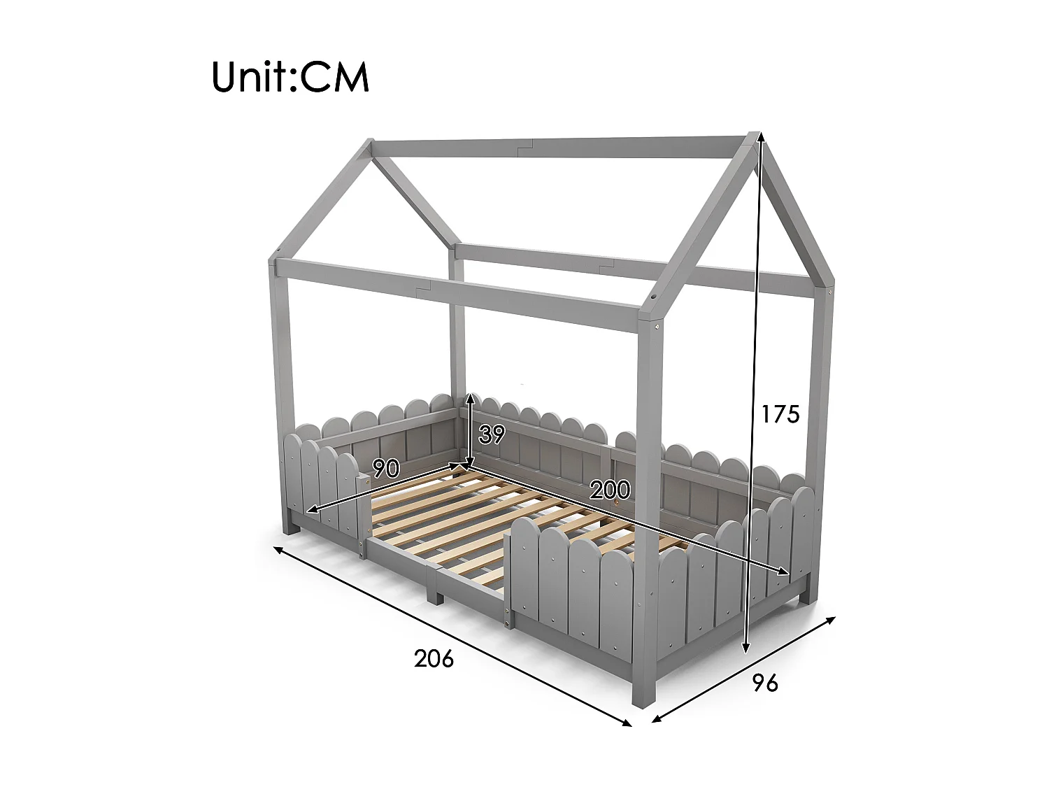 Cama cabina 90x200 cm - Cama infantil con protección anticaídas y somier - gris - sin colchón