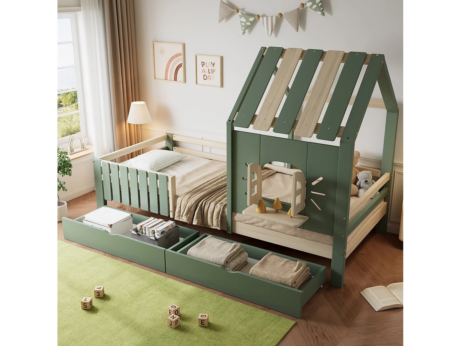 Cama casita infantil 90x200 cm con cajones – techo y ventanas, estilo natural verde, sin colchón