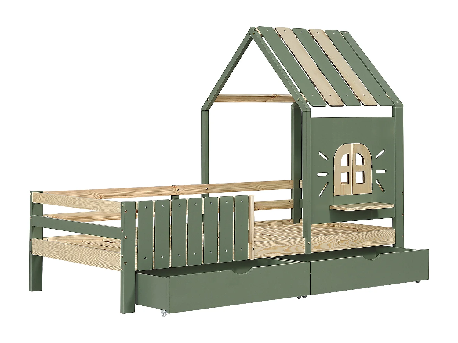 Cama casita infantil 90x200 cm con cajones – techo y ventanas, estilo natural verde, sin colchón
