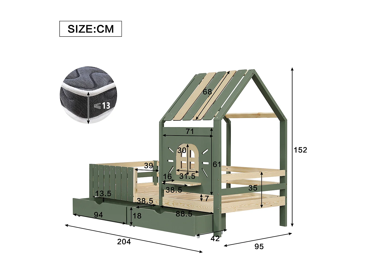 Cama casita infantil 90x200 cm con cajones – techo y ventanas, estilo natural verde, sin colchón