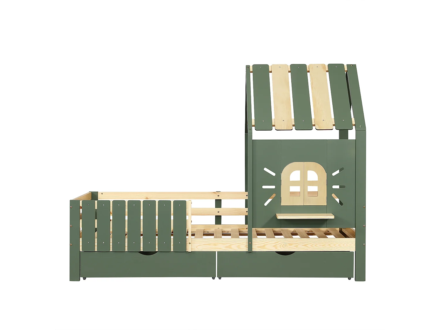 Cama casita infantil 90x200 cm con cajones – techo y ventanas, estilo natural verde, sin colchón