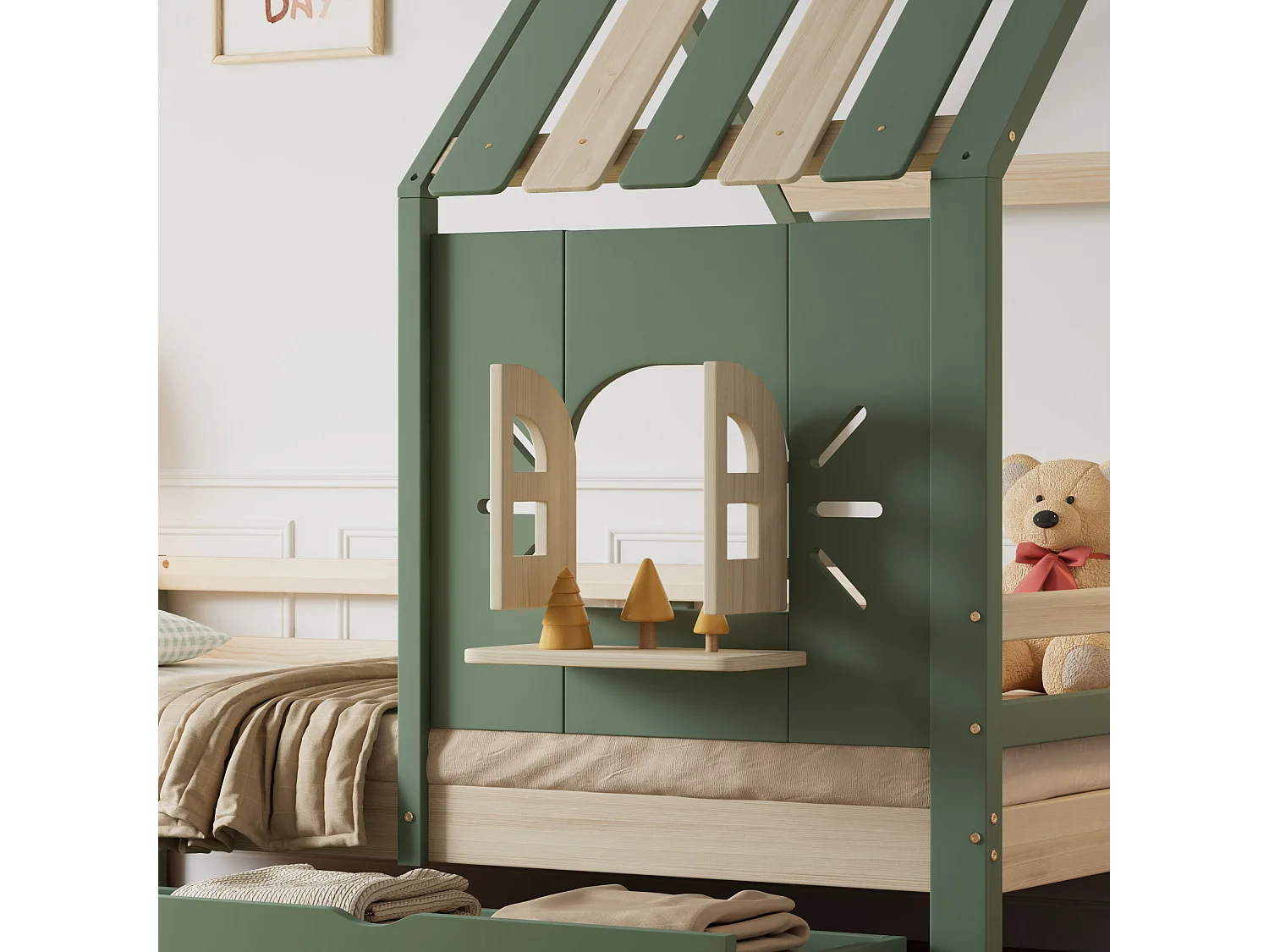 Cama casita infantil 90x200 cm con cajones – techo y ventanas, estilo natural verde, sin colchón