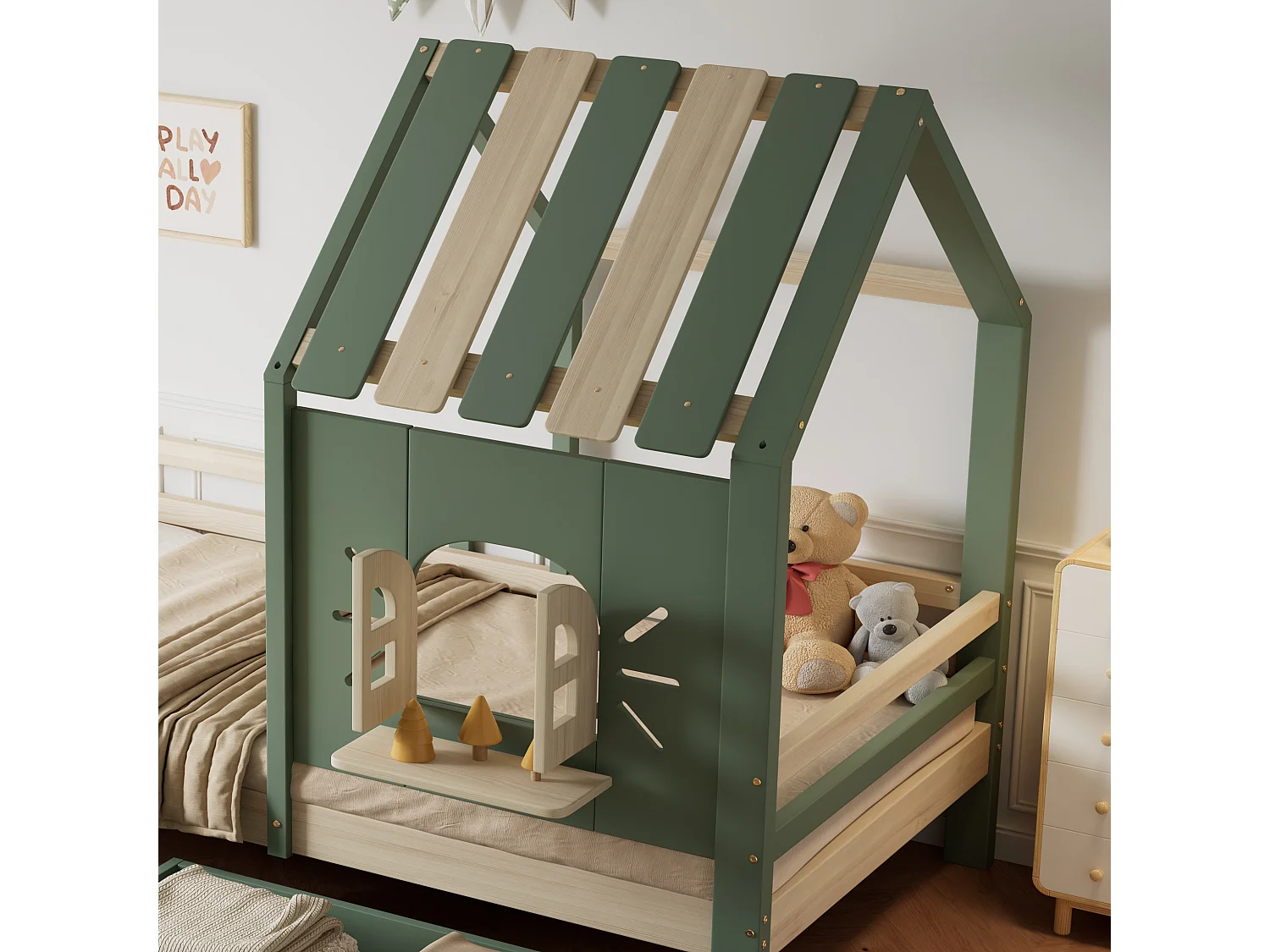 Cama casita infantil 90x200 cm con cajones – techo y ventanas, estilo natural verde, sin colchón
