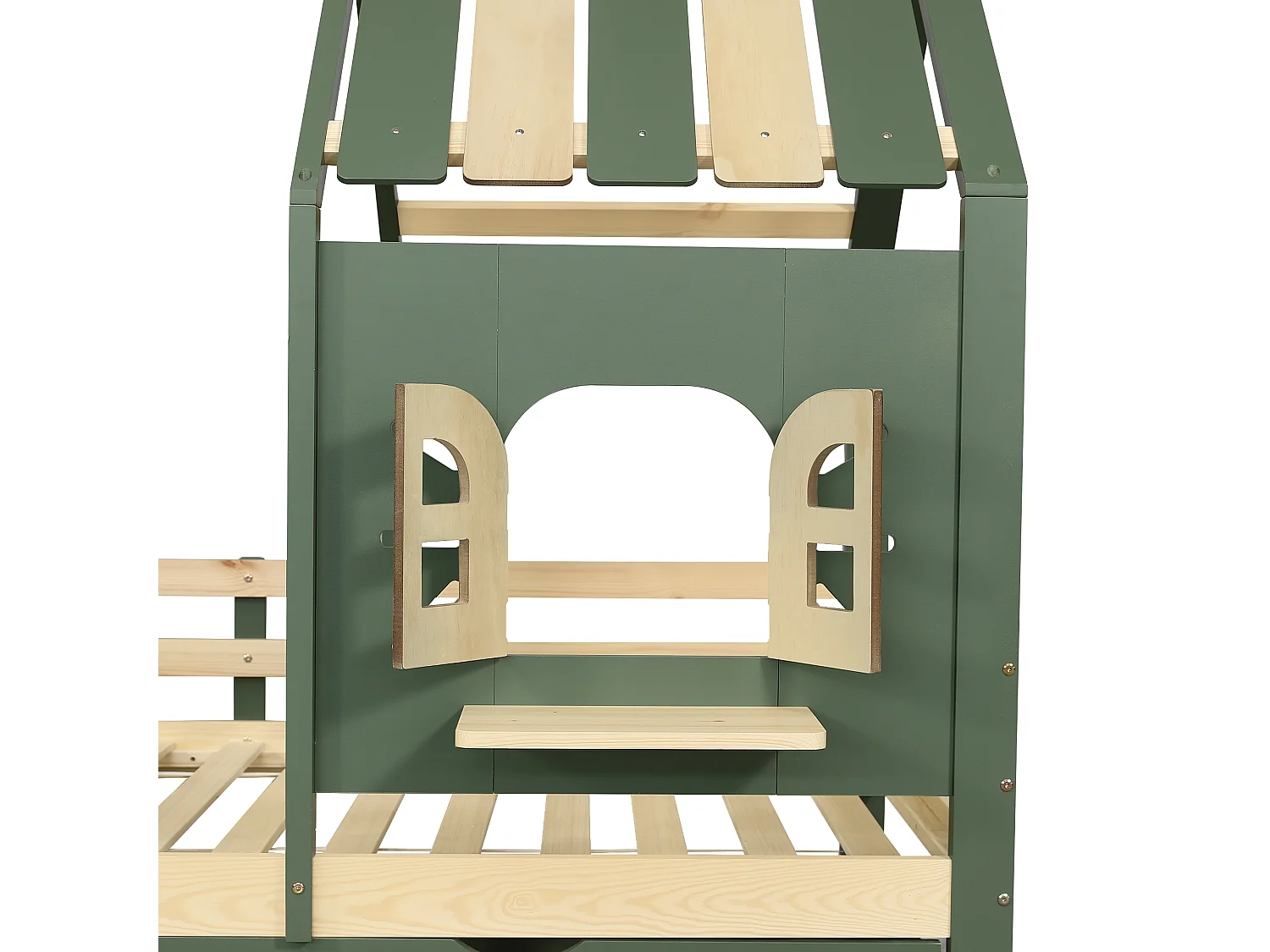 Cama casita infantil 90x200 cm con cajones – techo y ventanas, estilo natural verde, sin colchón