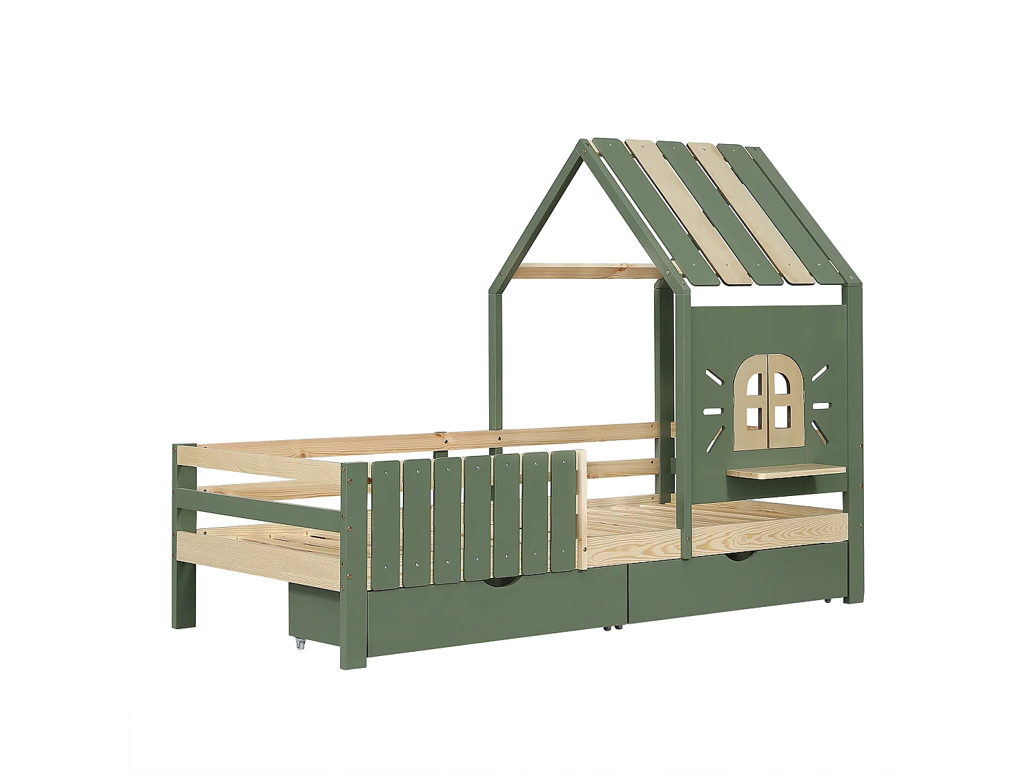 Cama casita infantil 90x200 cm con cajones – techo y ventanas, estilo natural verde, sin colchón