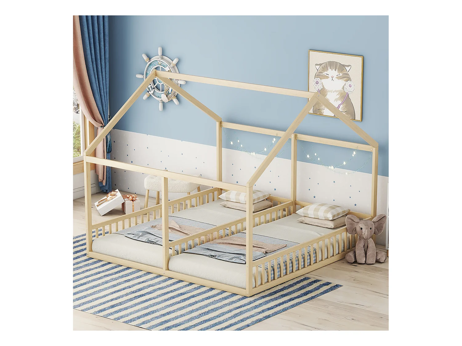 Lit cabane 90x200cm 2 en 1, en bois avec barrières de sécurité et toit décoratif, naturel, sans matelas