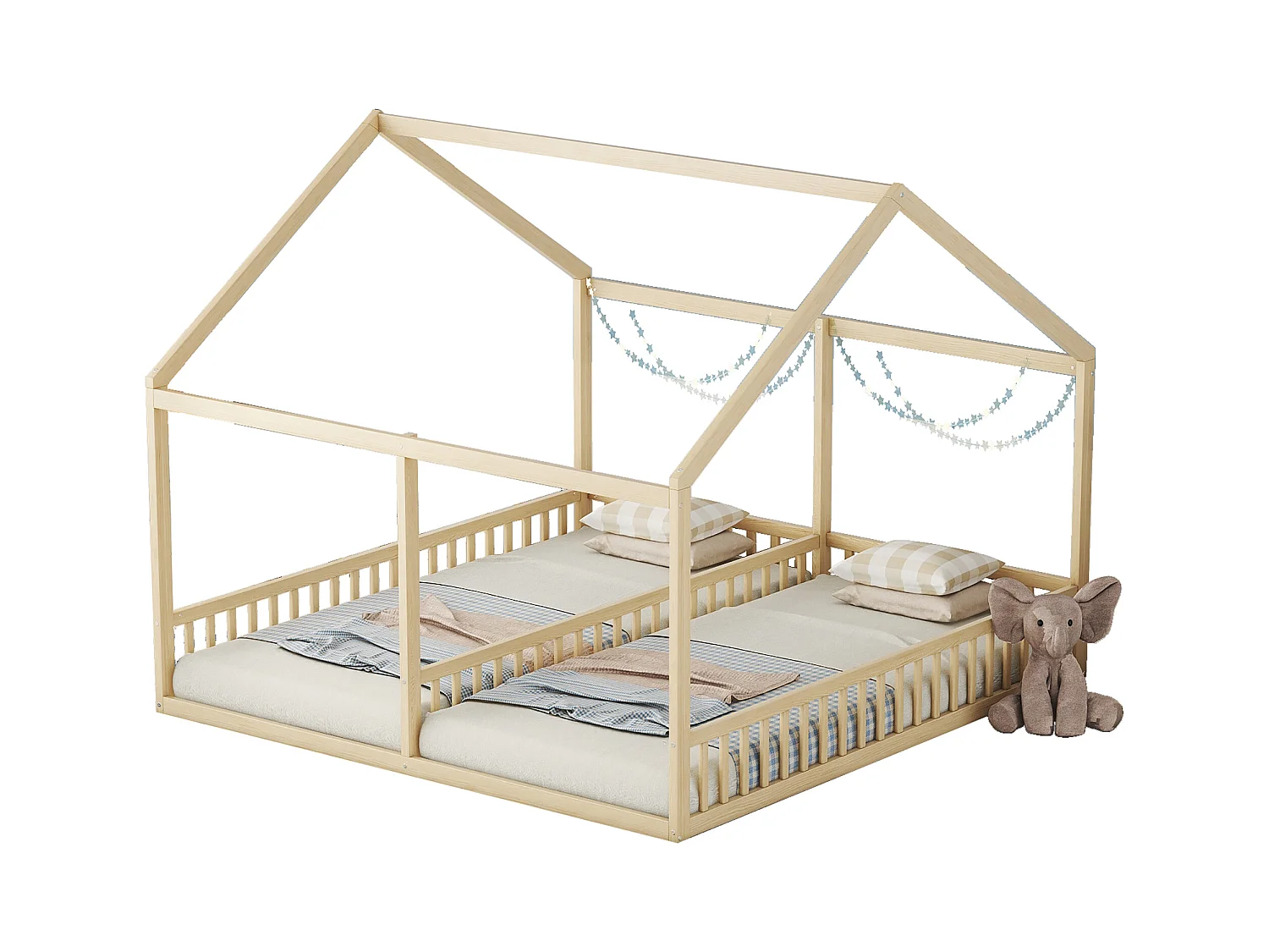 Lit cabane 90x200cm 2 en 1, en bois avec barrières de sécurité et toit décoratif, naturel, sans matelas